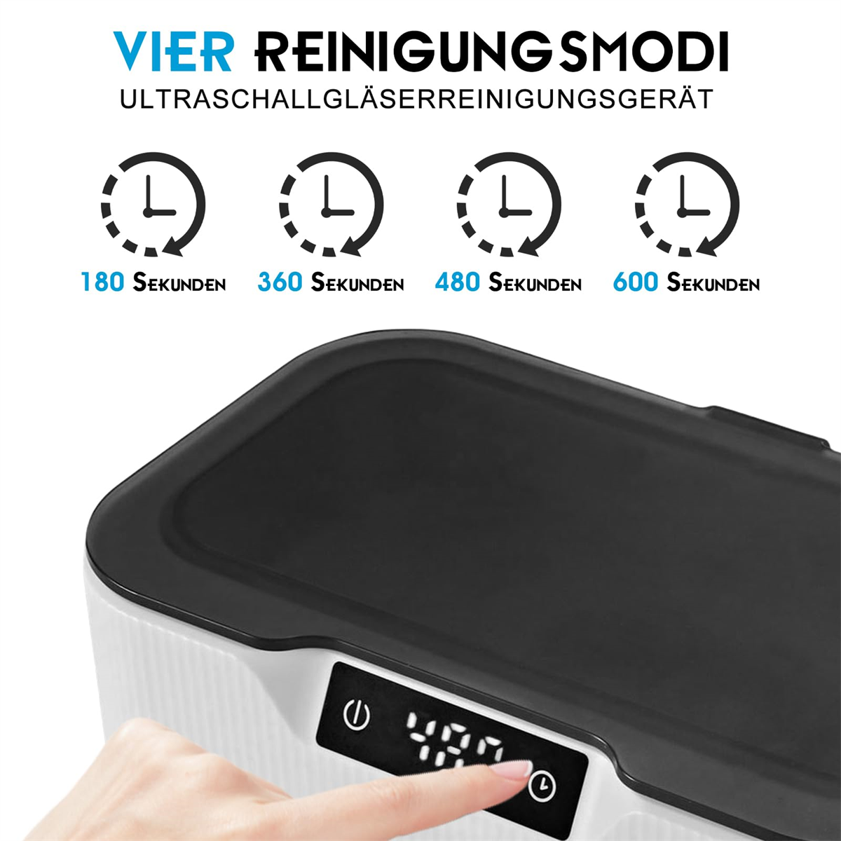 Eine weiße und schwarze Box. Es gibt 4 Timer und die Box hat einen Bildschirm. Jemand berührt den Bildschirm.