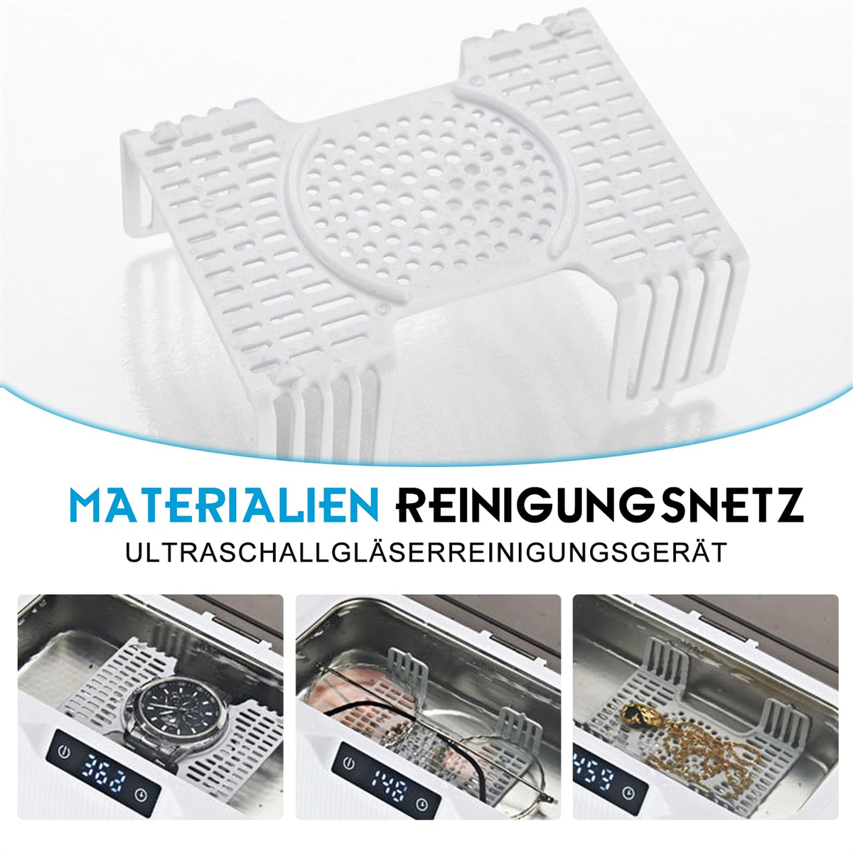 Ultraschallreiniger mit weißem Korb und Gegenständen darin. Text: 'MATERIALIEN REINIGUNGSNETZ'.