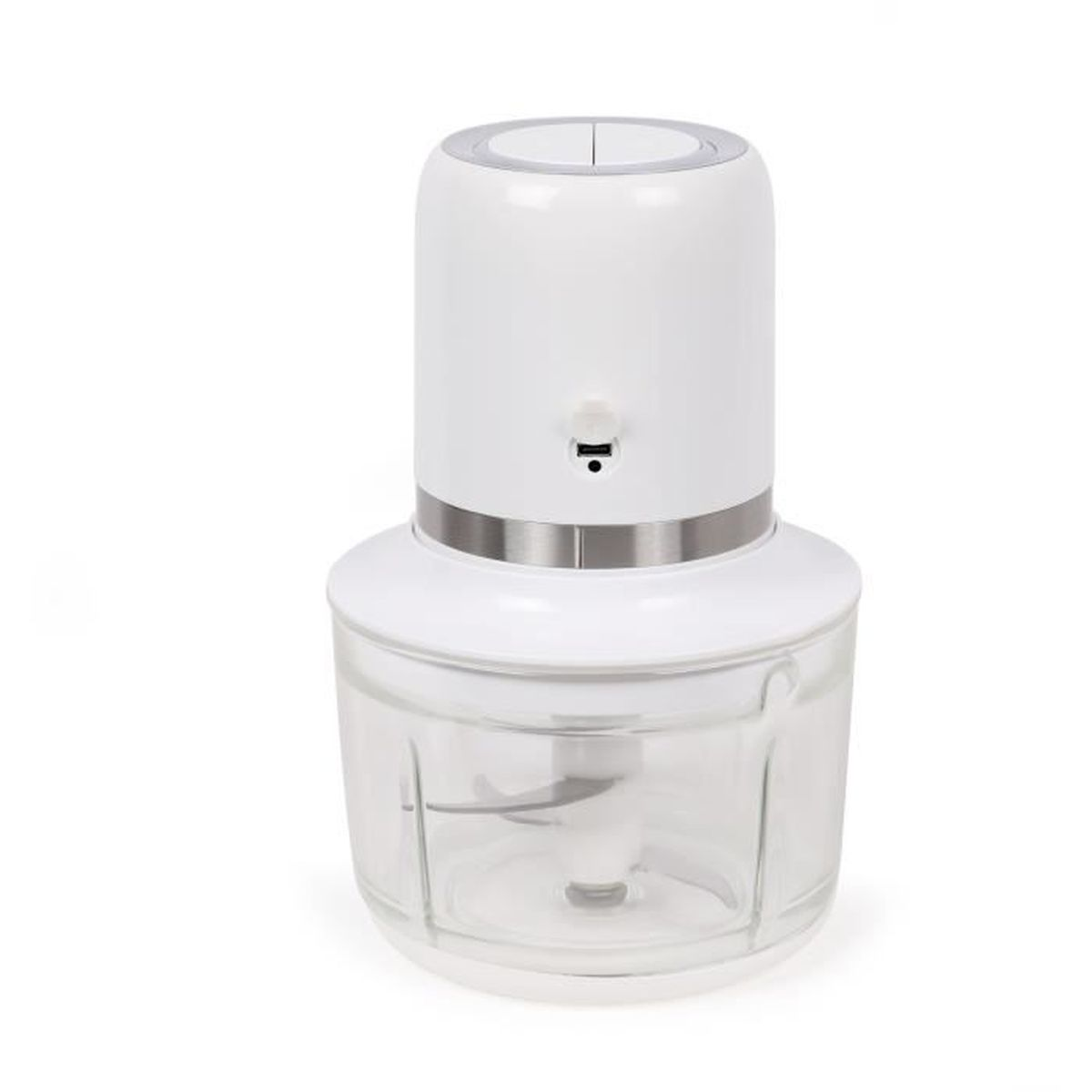 Robot da cucina bianco con ciotola trasparente e lama in acciaio inossidabile.