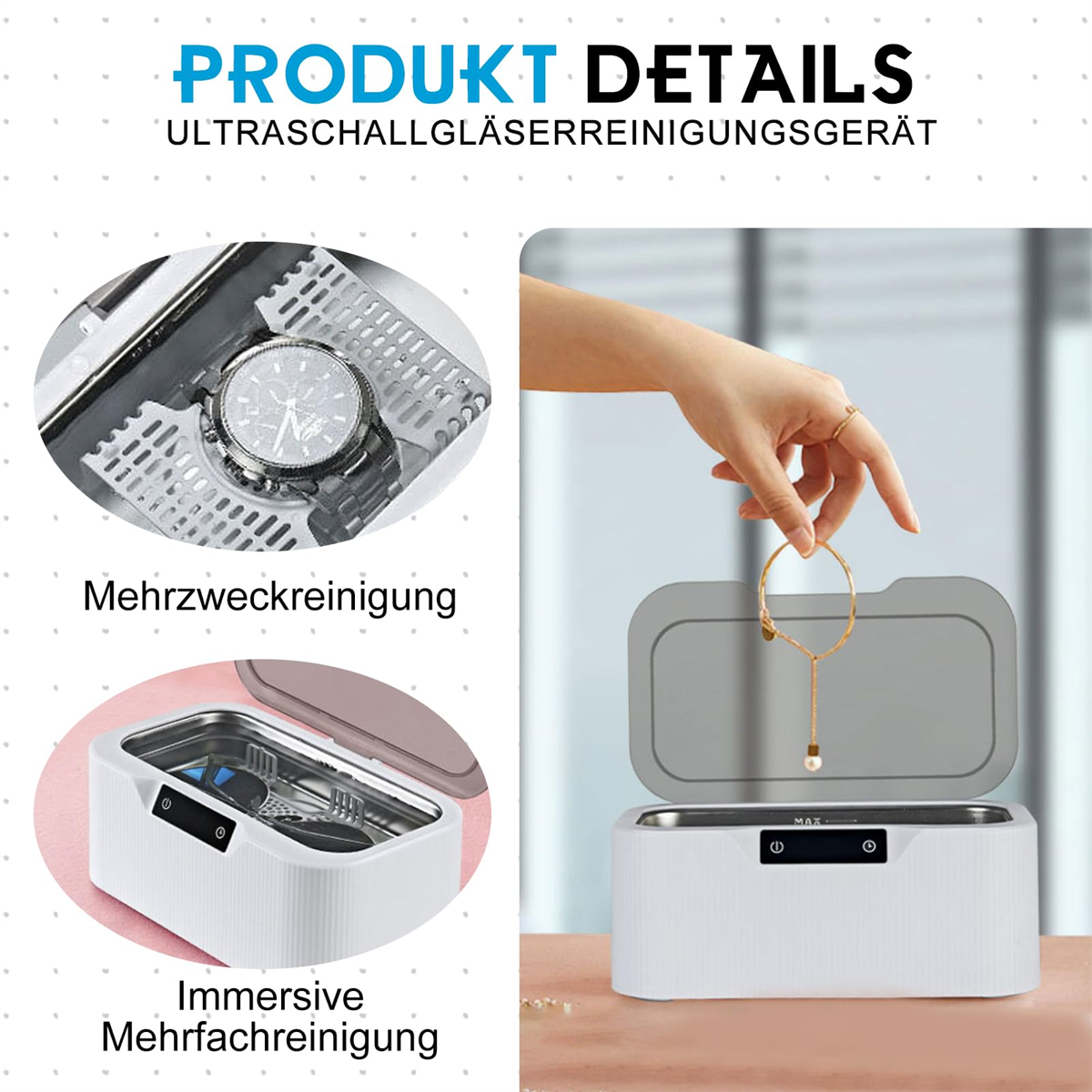 Ultraschall-Reinigungsgerät. Uhr und Schmuck in den Fächern, Mehrzweckreinigung.