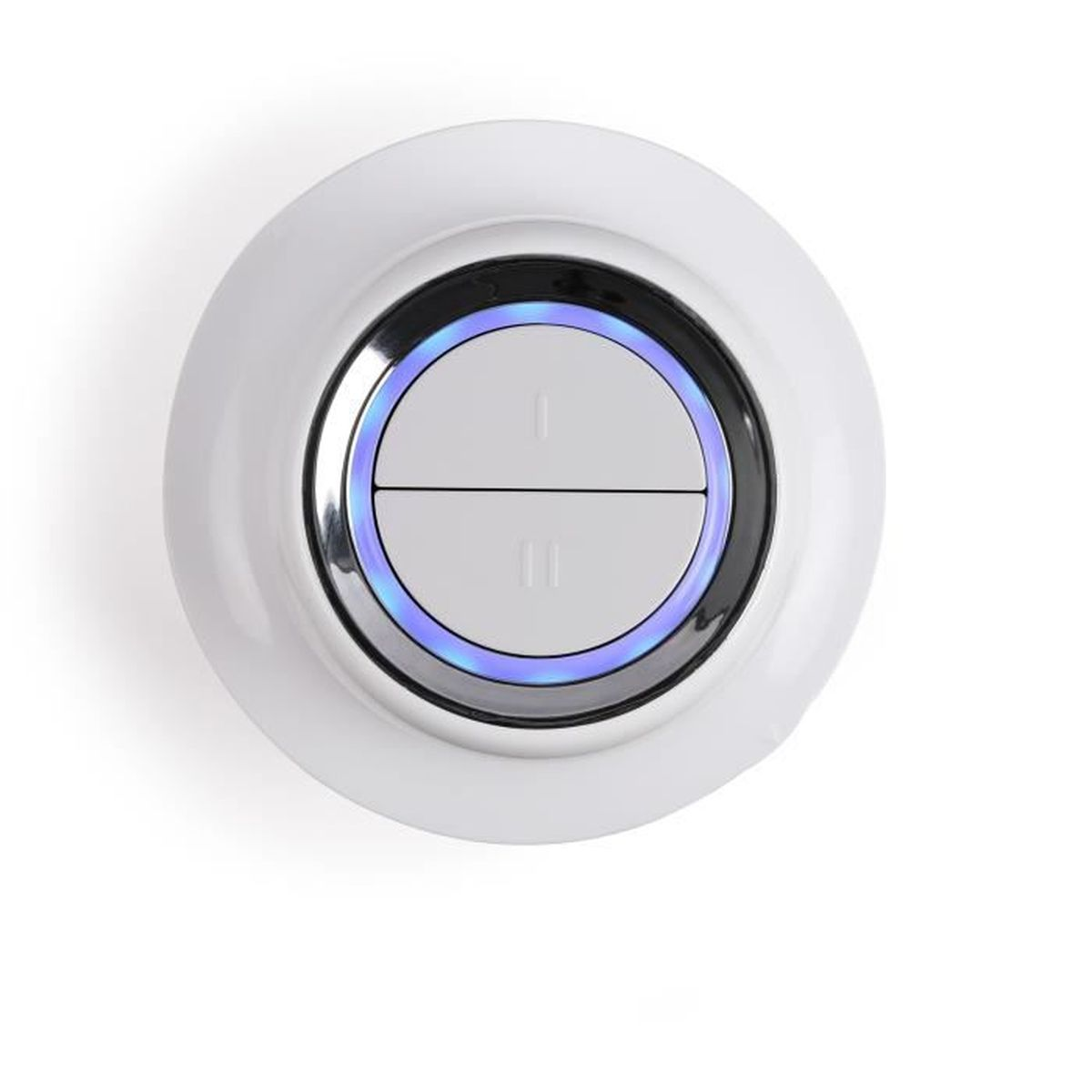 Pulsante bianco e rotondo con anello luminoso blu, diviso in due sezioni.