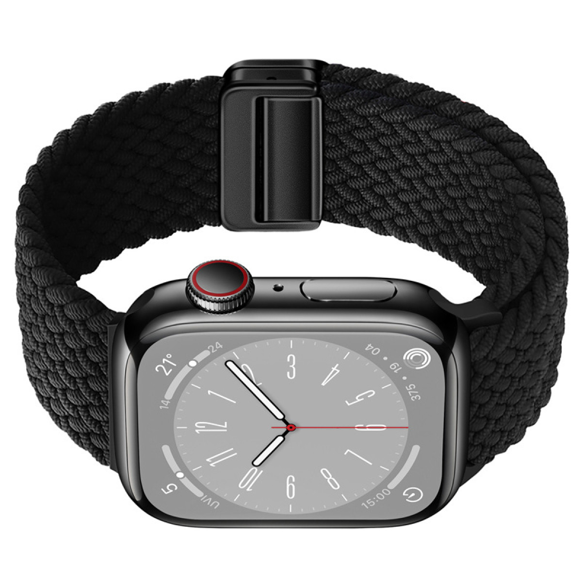 Eine schwarze Uhr mit einem schwarzen geflochtenen Armband. Die Uhr hat einen runden Bildschirm.