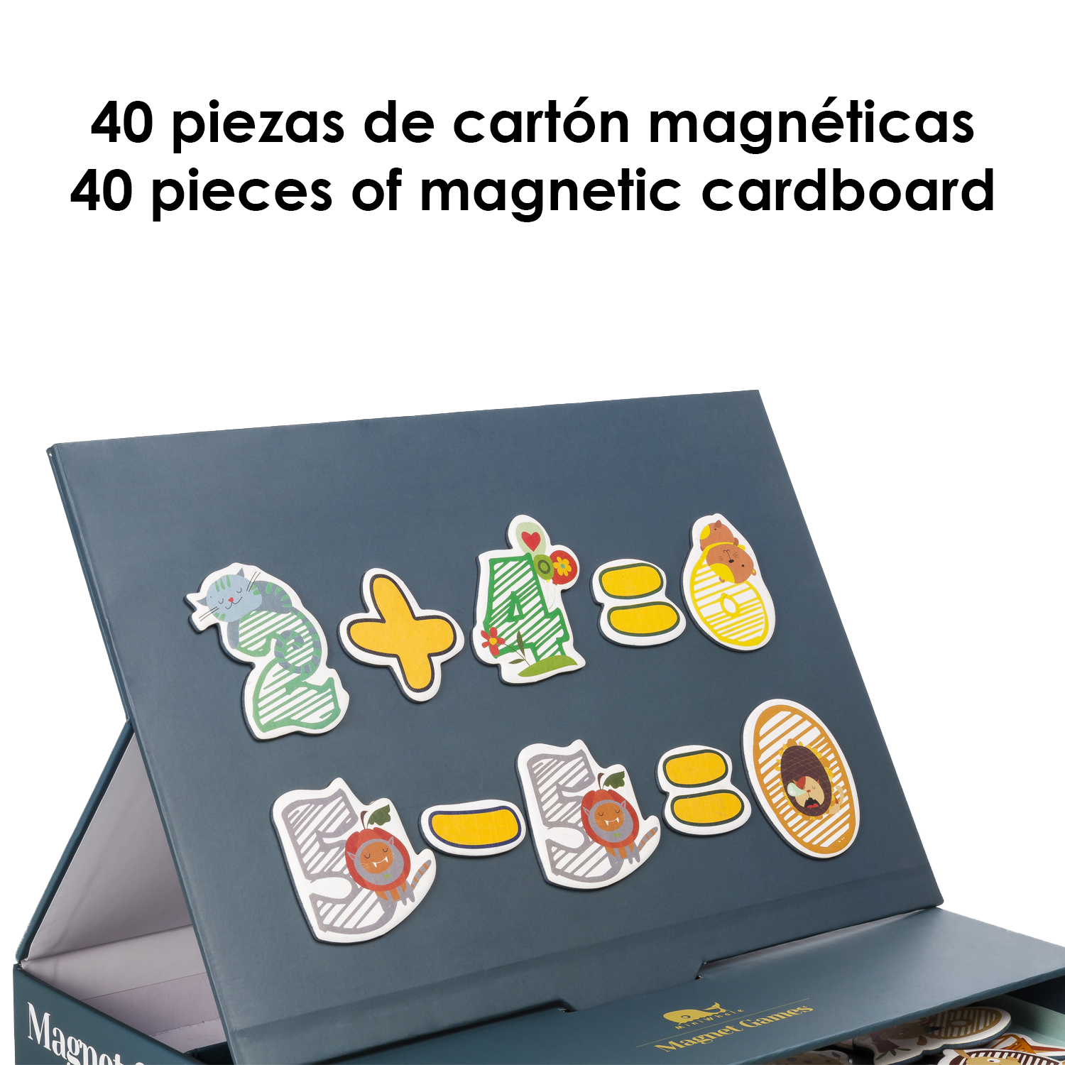 Eine grüne Magnettafel mit bunten Magnetformen und Zahlen. Text lautet "40 Teile Magnetpappe".