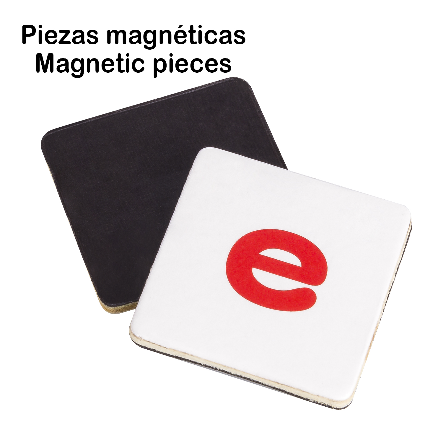 Due pezzi magnetici: un quadrato nero, un quadrato bianco con una 'e' rossa.