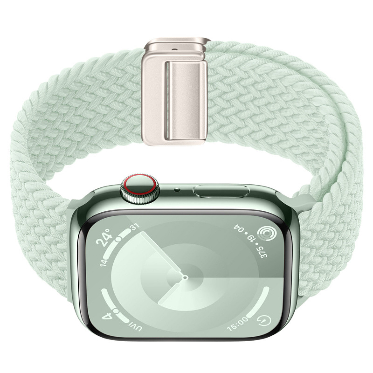 Zielony smartwatch z zielonym plecionym paskiem. Tarcza wyświetla godzinę i inne dane. Srebrne zapięcie.