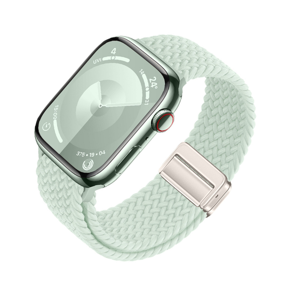 Miętowy Apple Watch z pasującym plecionym paskiem i srebrnym zapięciem.