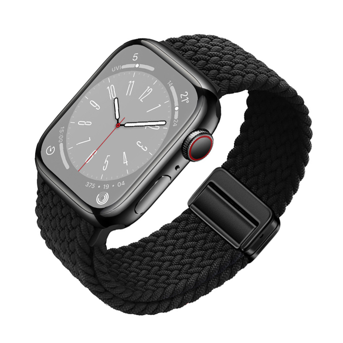 Schwarze Smartwatch mit geflochtenem schwarzen Band, auf weißem Hintergrund.