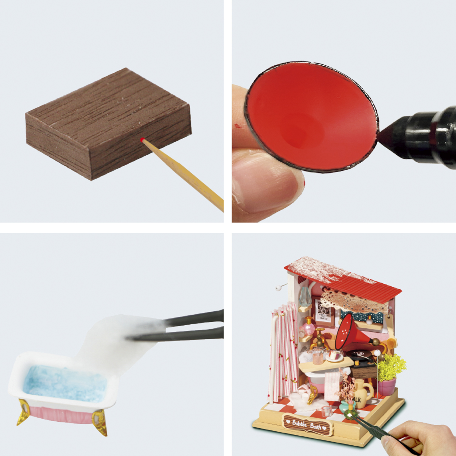 Cuatro imágenes que muestran los pasos para construir un diorama en miniatura. Incluye madera, pintura y un baño en miniatura.