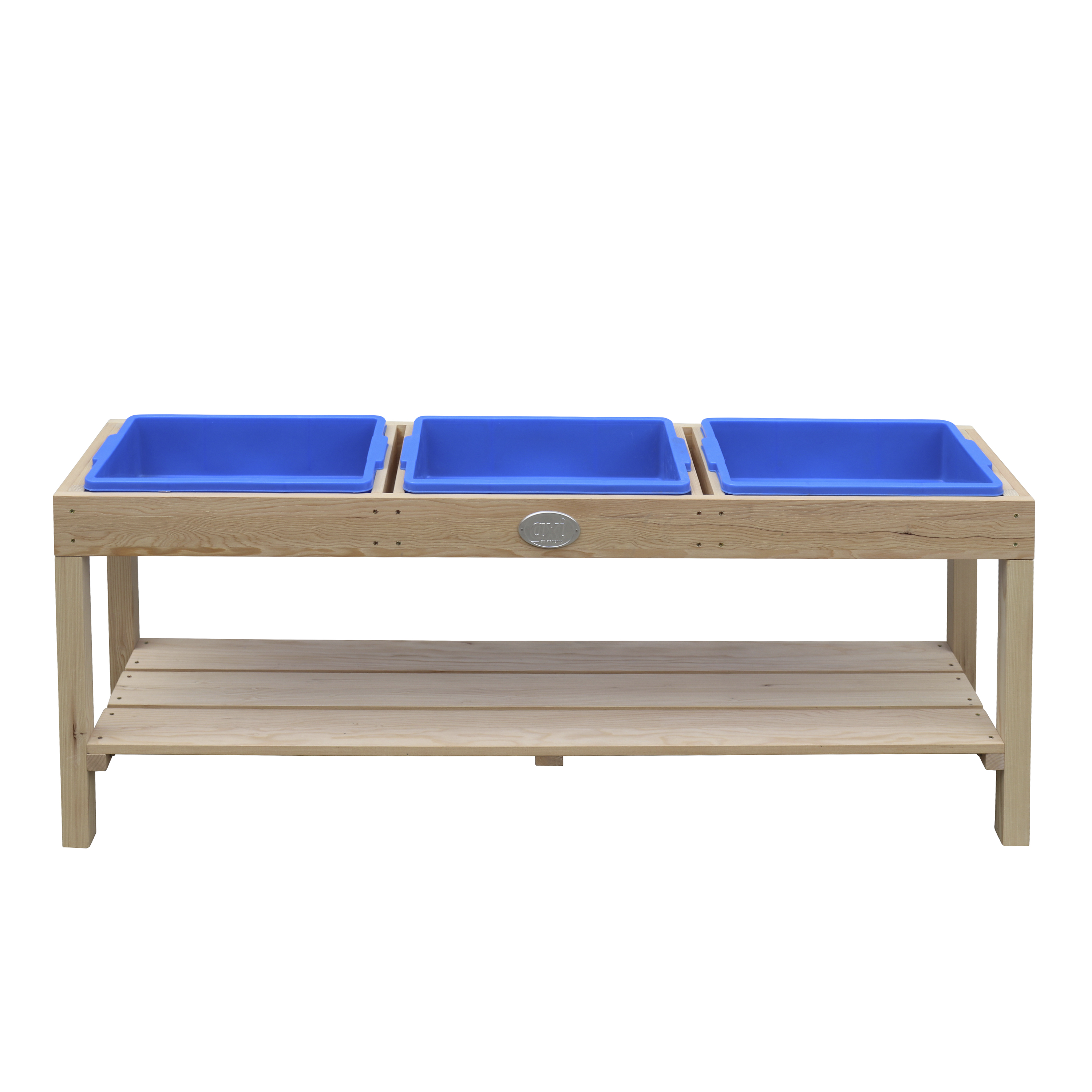 Holz-Sand- und Wassertisch mit drei blauen Behältern, einem unteren Regal und einem silbernen Logo.