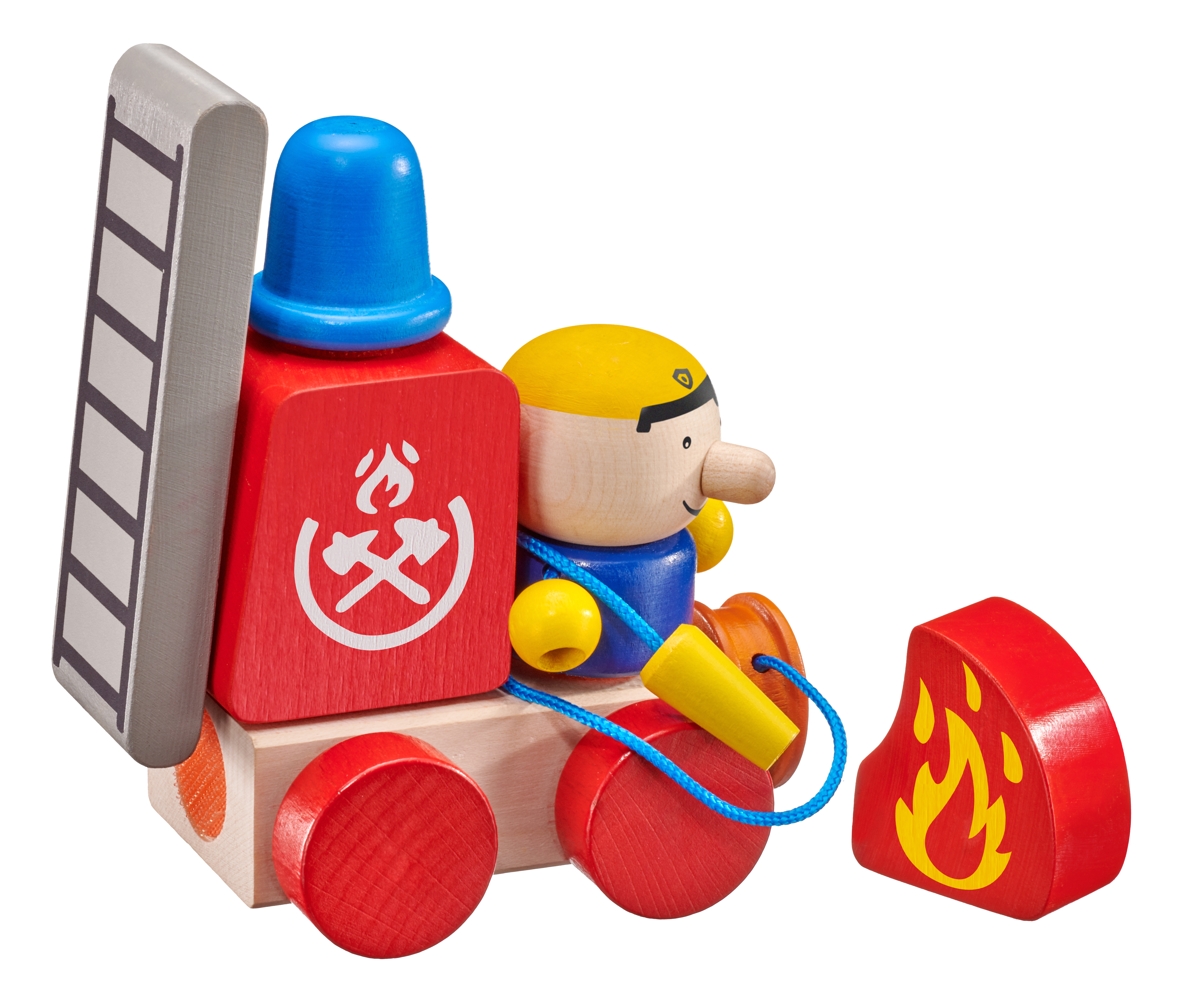 Feuerwehrauto aus Holz mit Feuerwehrmann, Leiter und Feuer.