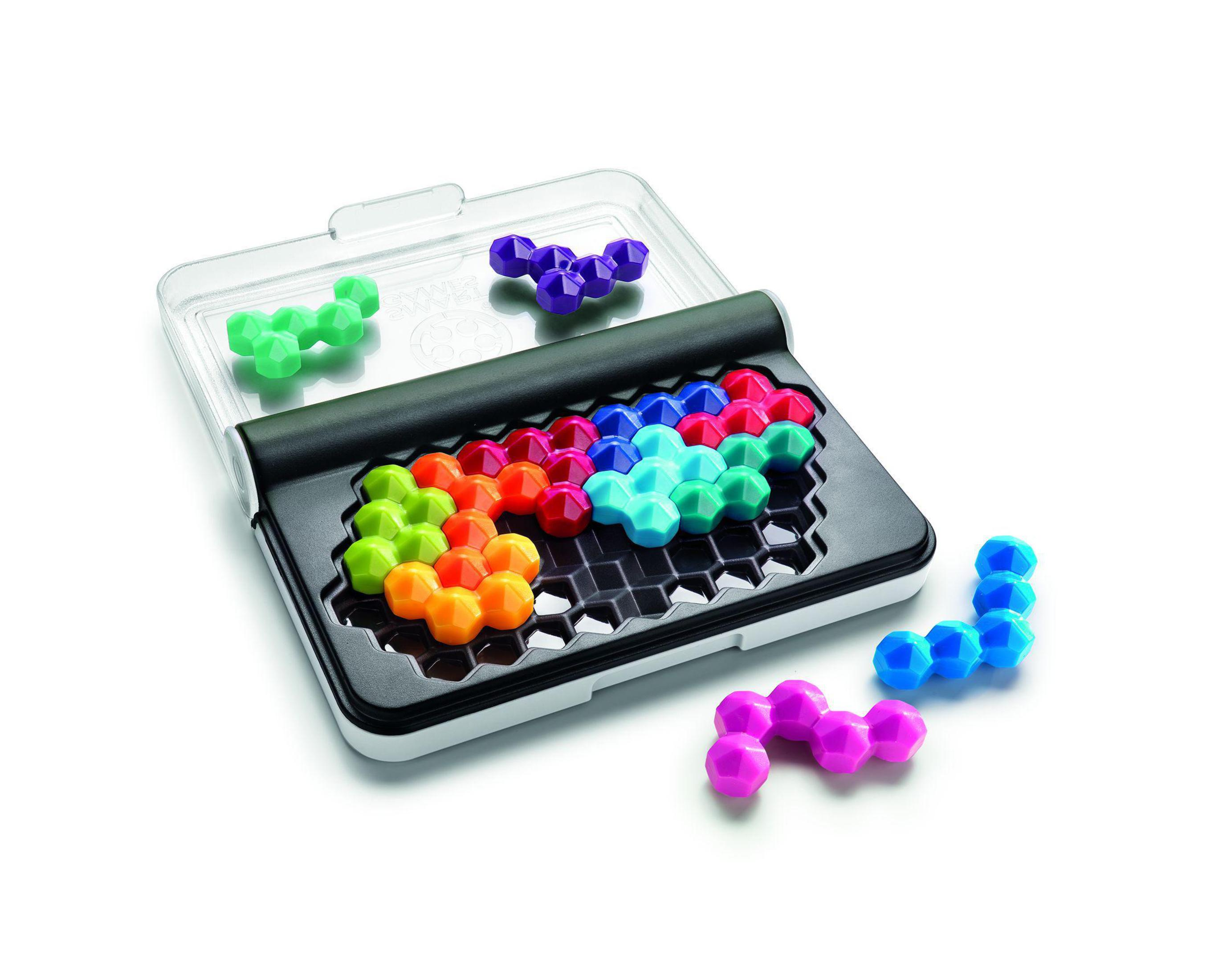Un gioco di puzzle con pezzi colorati in una custodia, su sfondo bianco.
