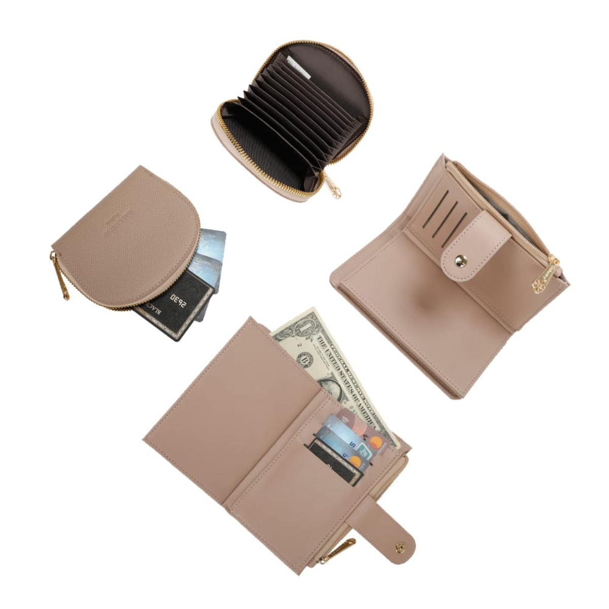 Cuatro carteras beige abiertas con tarjetas y dinero sobre fondo blanco.