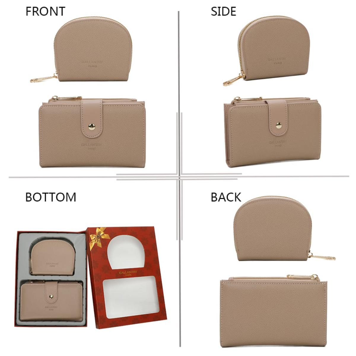 Cuatro vistas de una cartera beige: frontal, lateral, inferior (con una caja de regalo) y trasera. Cada una muestra un diseño.