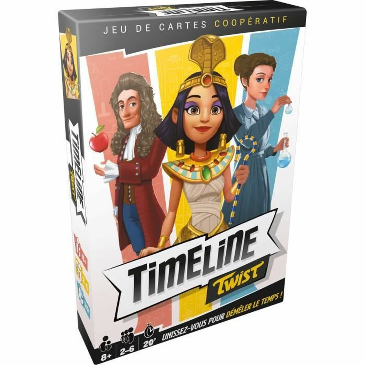 Schachtel des Timeline Twist Brettspiels mit Illustrationen historischer Figuren, Details auf weißem Grund.