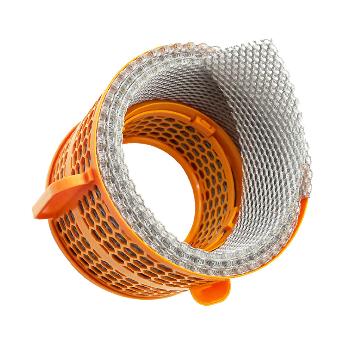 Orange vacuum cleaner filter with a honeycomb pattern and a silver mesh, isolated on white.