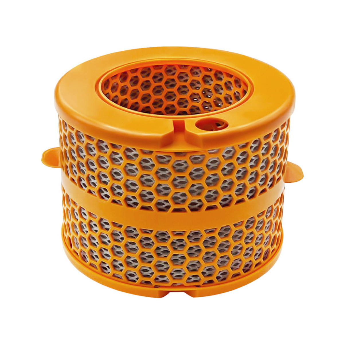 Orange cylindrical air filter with honeycomb pattern. White background.