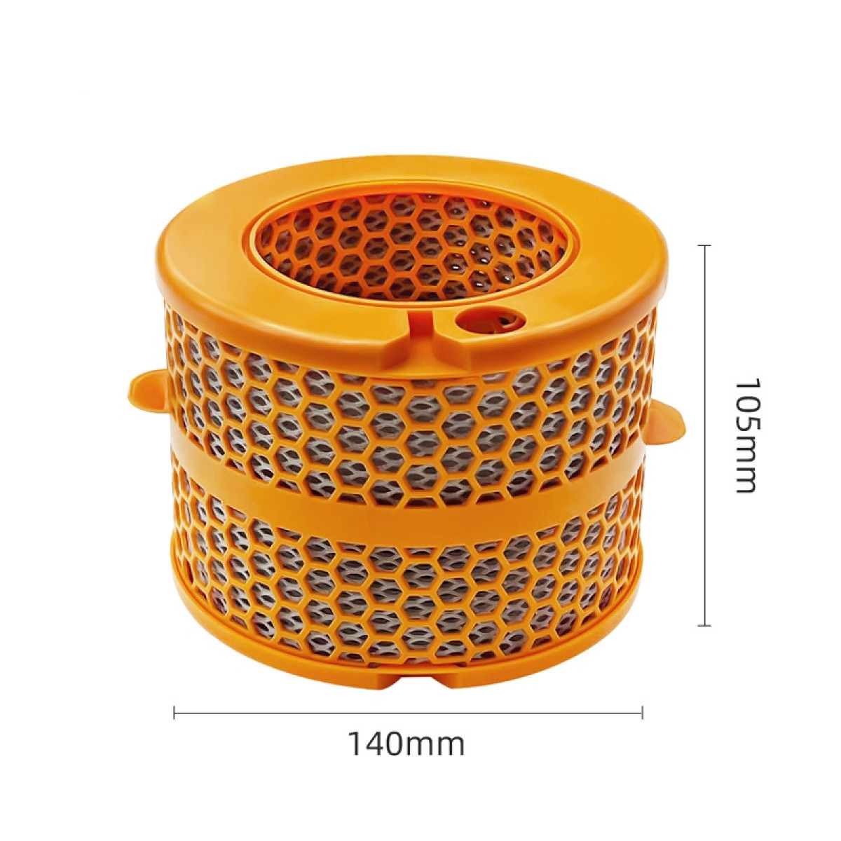 An orange, cylindrical air filter with a mesh design, with dimensions of 140mm x 105mm.