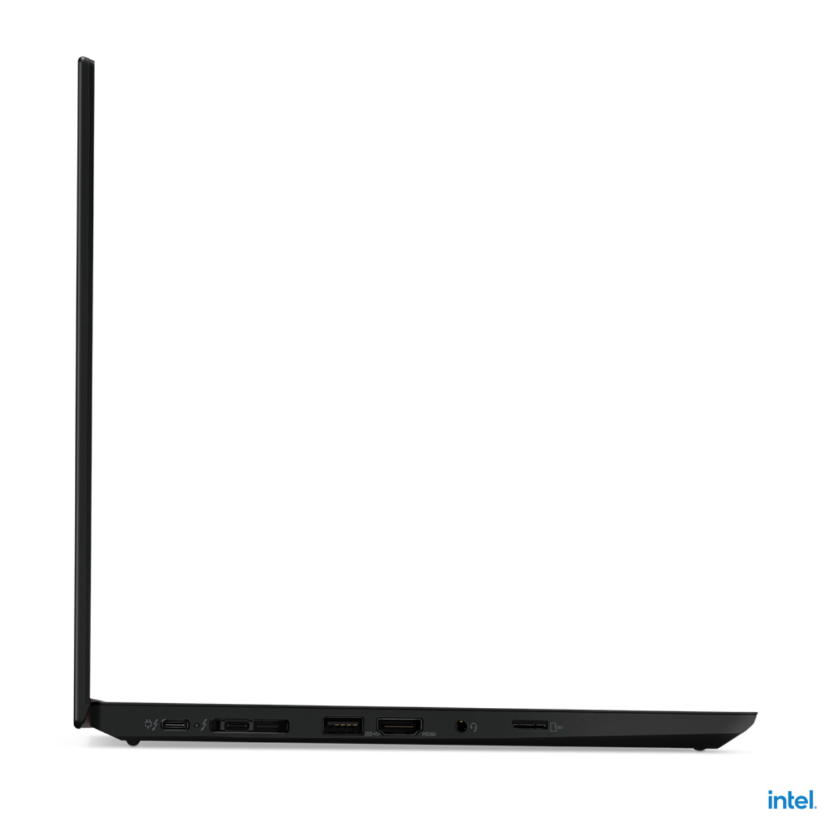 Seitenansicht eines schwarzen Laptops mit sichtbaren Anschlüssen.