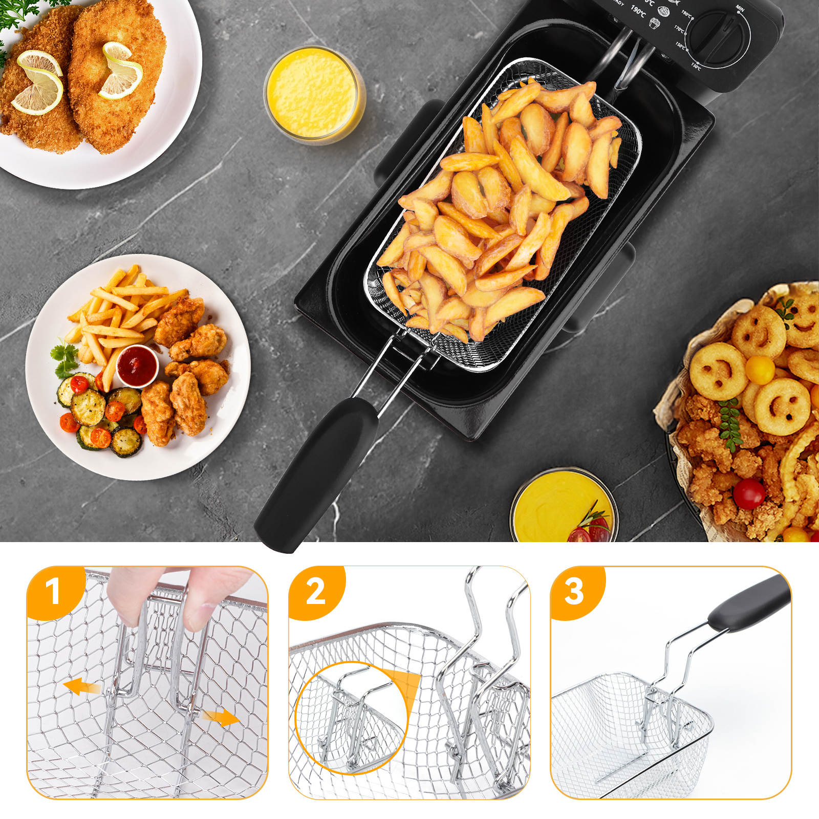 Eine Fritteuse mit Essen. Pommes, Hähnchen und Snacks auf Tellern. Öl in der Fritteuse, Draufsicht.