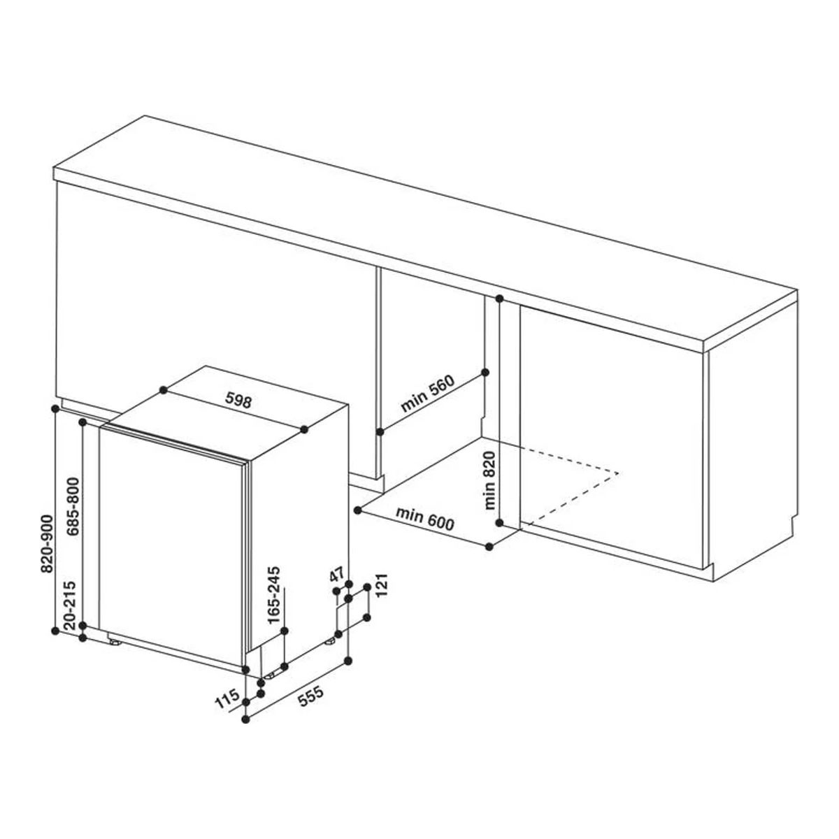 Dibujo técnico de lavavajillas con dimensiones y detalles de integración en el armario.
