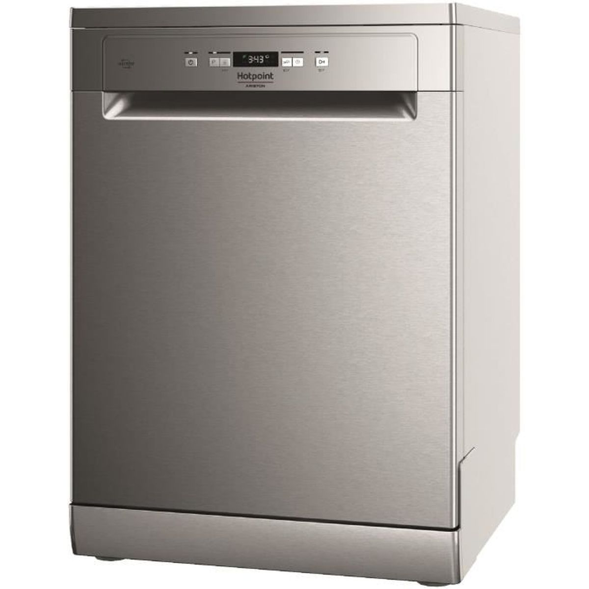 Un lavavajillas Hotpoint de acero inoxidable sobre un fondo blanco se muestra.