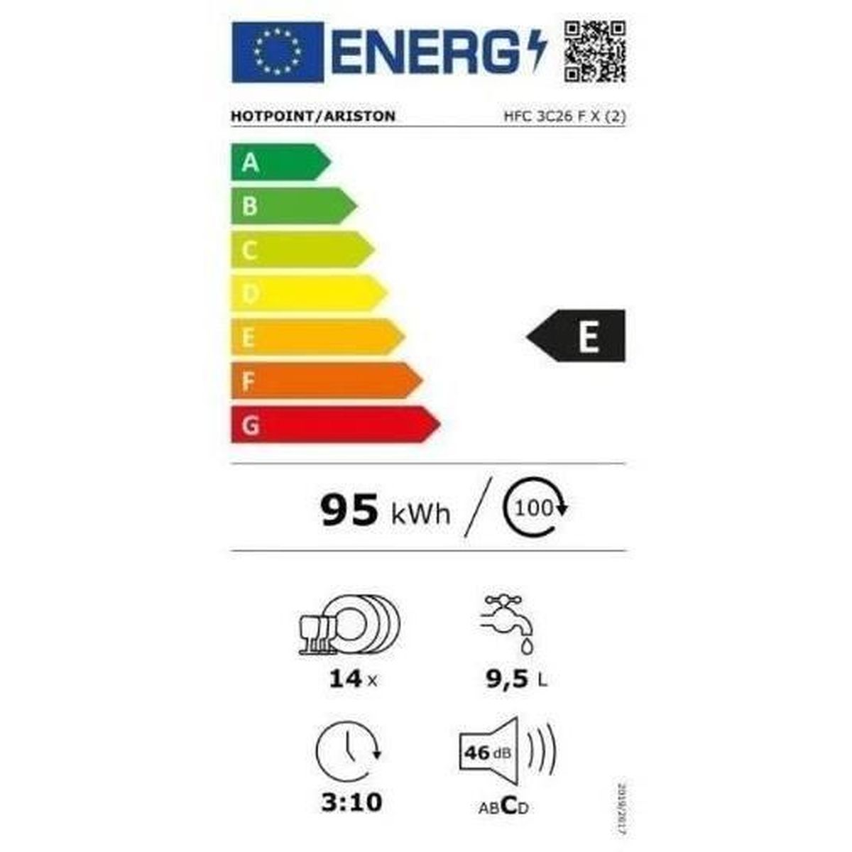 Etiqueta energética de un electrodoméstico Hotpoint/Ariston, que muestra la clase de eficiencia energética E y otros datos de consumo.