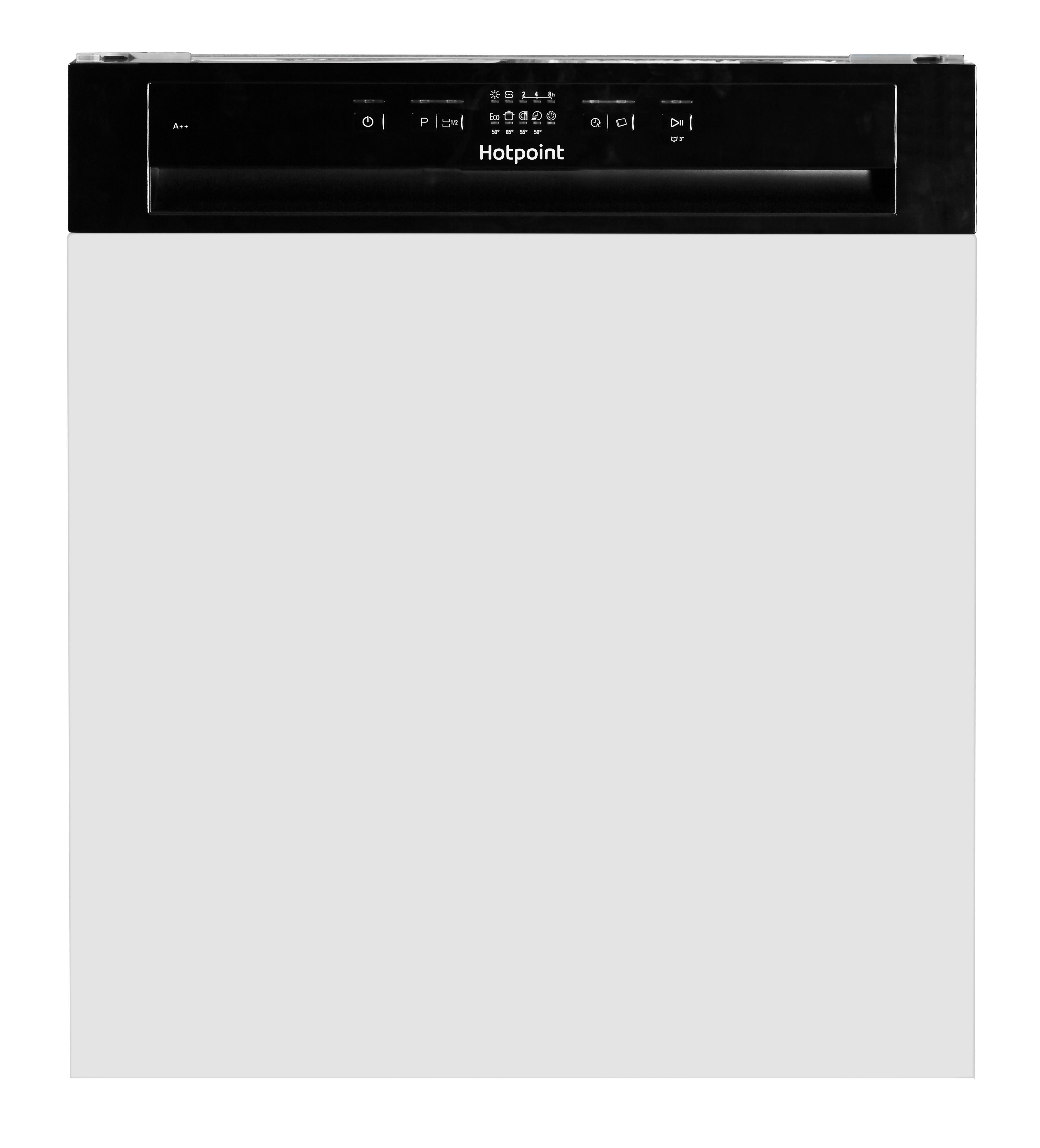 Lavavajillas Hotpoint en blanco y negro. Los controles están en el panel superior.