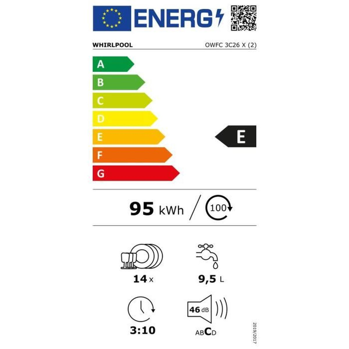 Energielabel für Whirlpool-Geschirrspüler. Zeigt Energieeffizienzklasse E und weitere Informationen.
