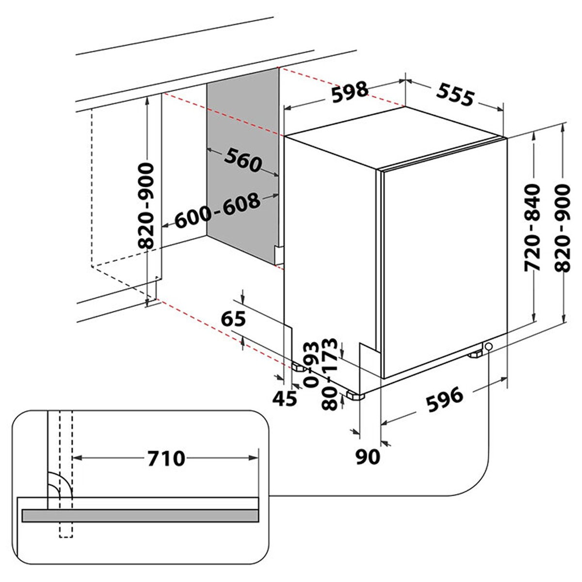 Schema di una lavastoviglie con dimensioni in linee e numeri neri.