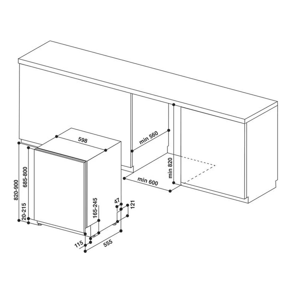 Esquema de instalación de lavavajillas en un armario de cocina. Dimensiones etiquetadas.