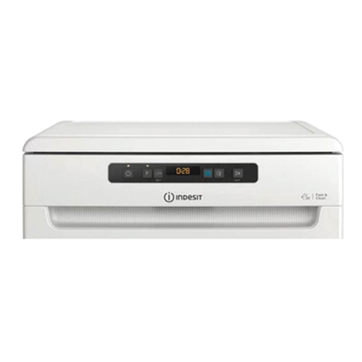 Lavavajillas Indesit blanco. La pantalla digital muestra 0:28. El logotipo de la marca es visible.