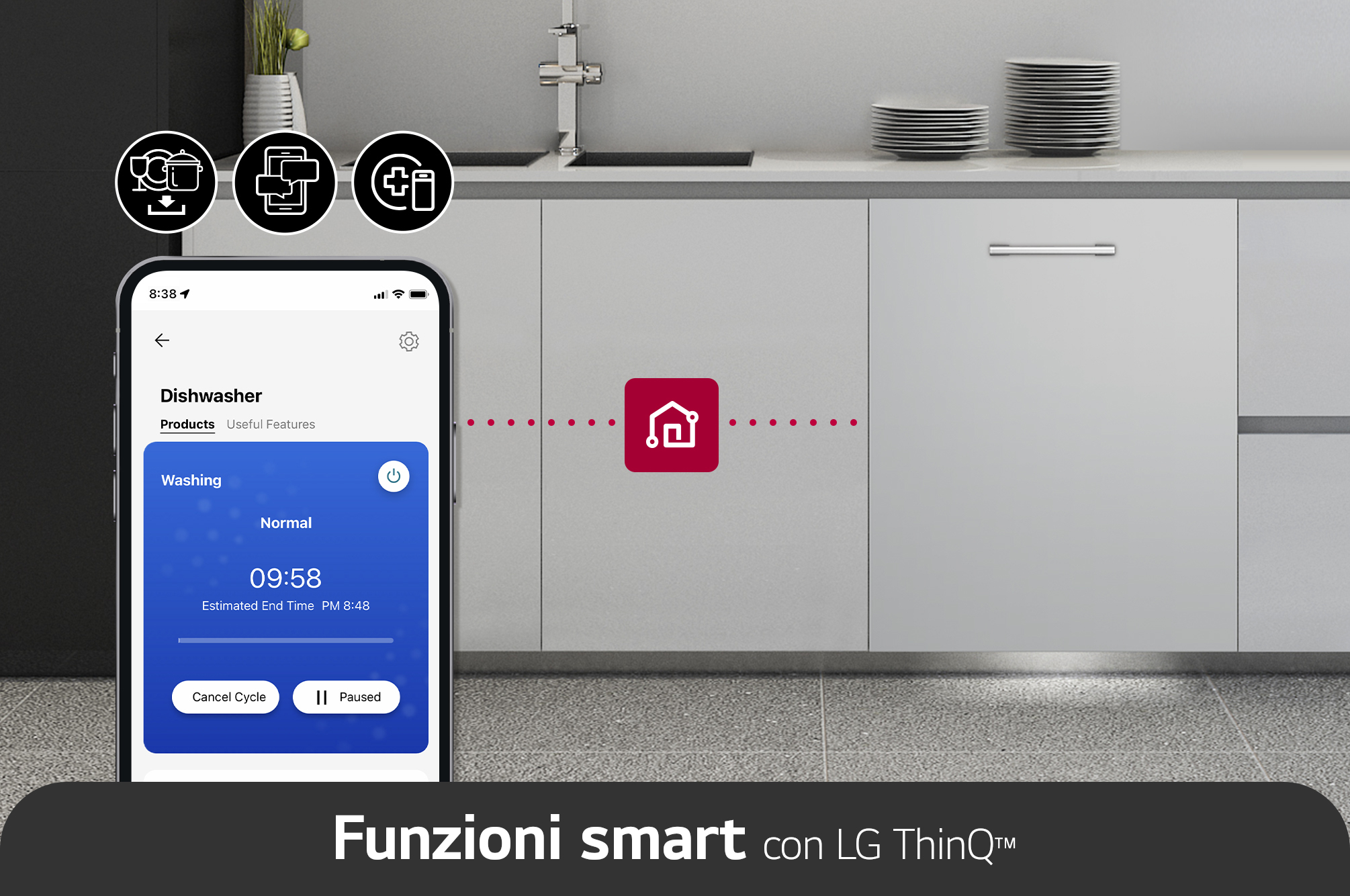 Smartfon z interfejsem aplikacji zmywarki. Tło: kuchnia z białymi szafkami i urządzeniami.