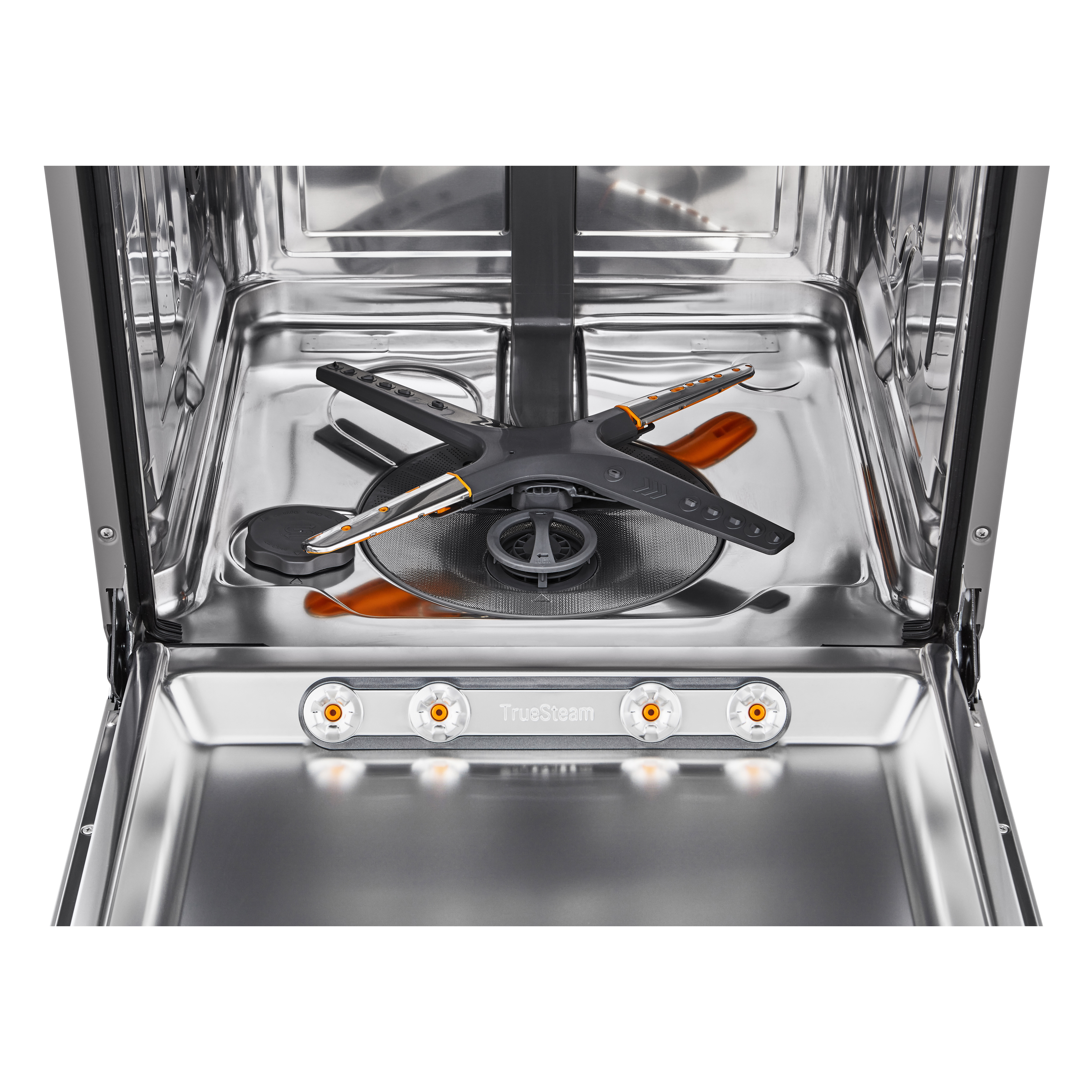 Wnętrze zmywarki LG. Pokazuje ramiona natryskowe, filtr i różne elementy wewnętrzne.