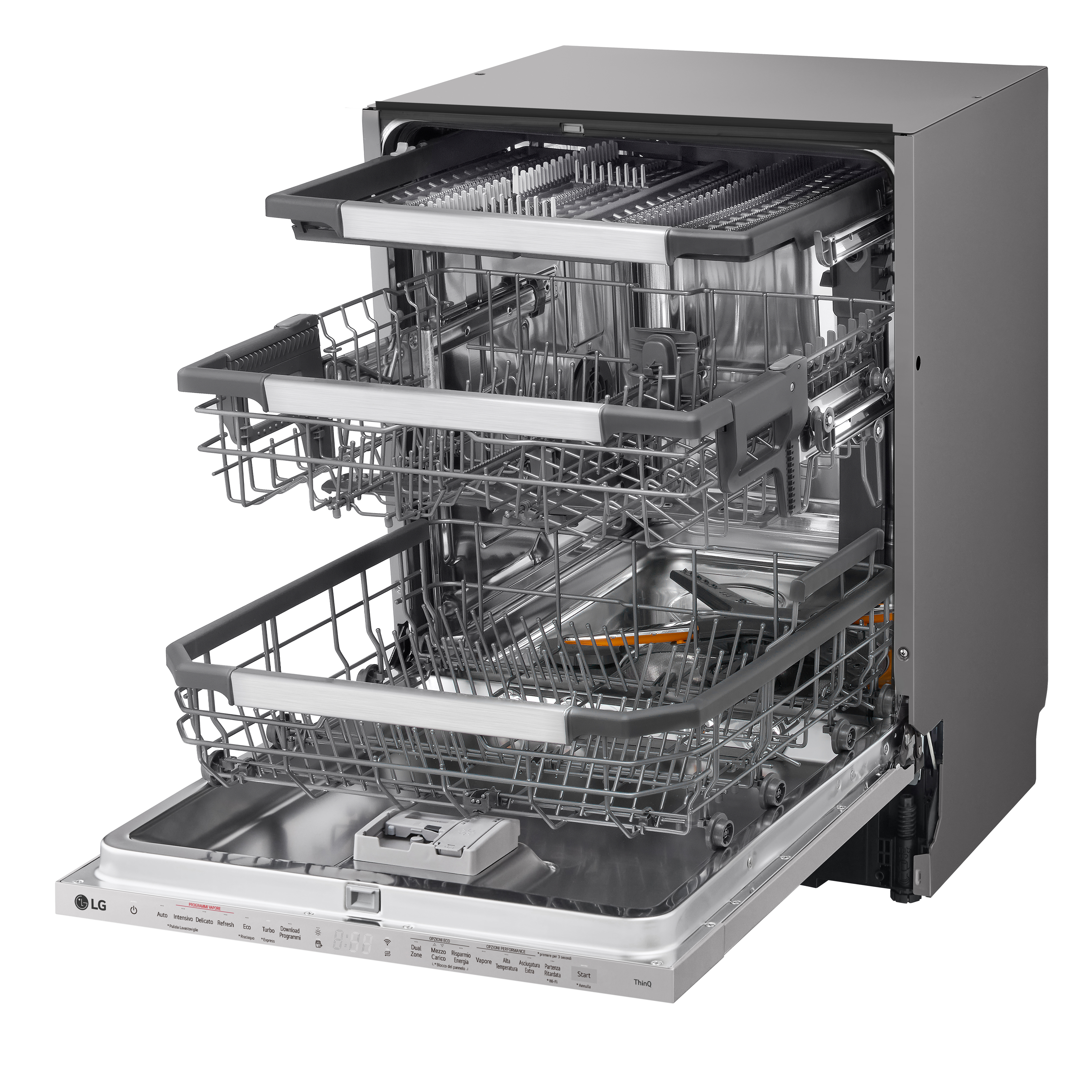 Otwarta zmywarka, szara, z trzema wysuwanymi półkami. Naczynia wewnątrz, gotowe do mycia.