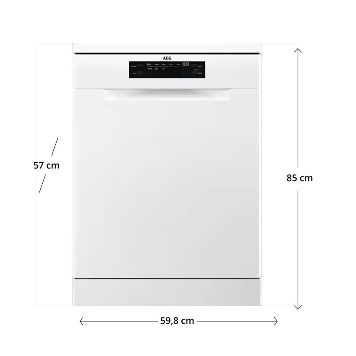 Lavavajillas AEG blanco. Dimensiones: 57 cm de altura, 59,8 cm de ancho y 85 cm de altura.