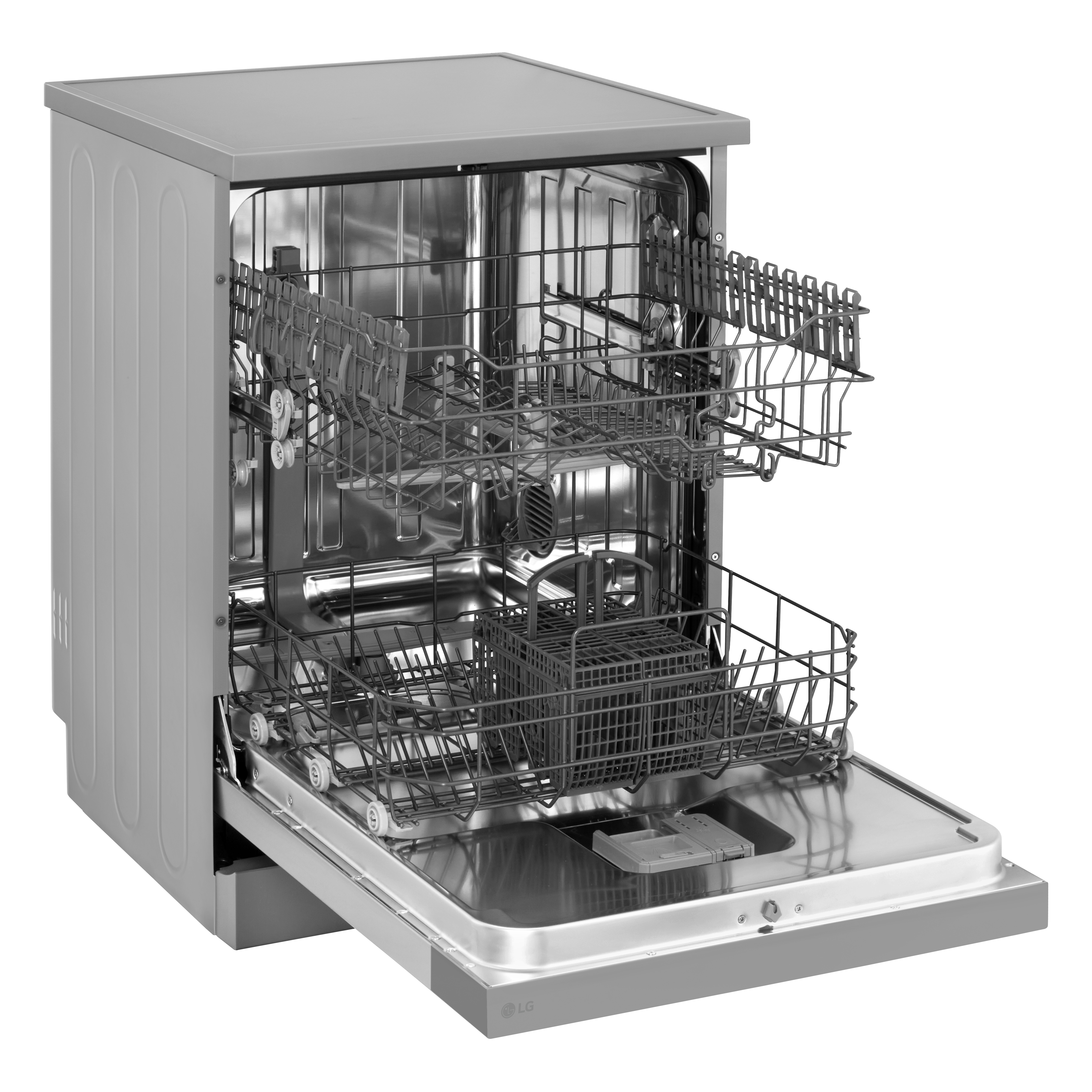 Szara zmywarka LG z otwartymi drzwiami. Wewnątrz maszyny widoczne są wewnętrzne kosze.