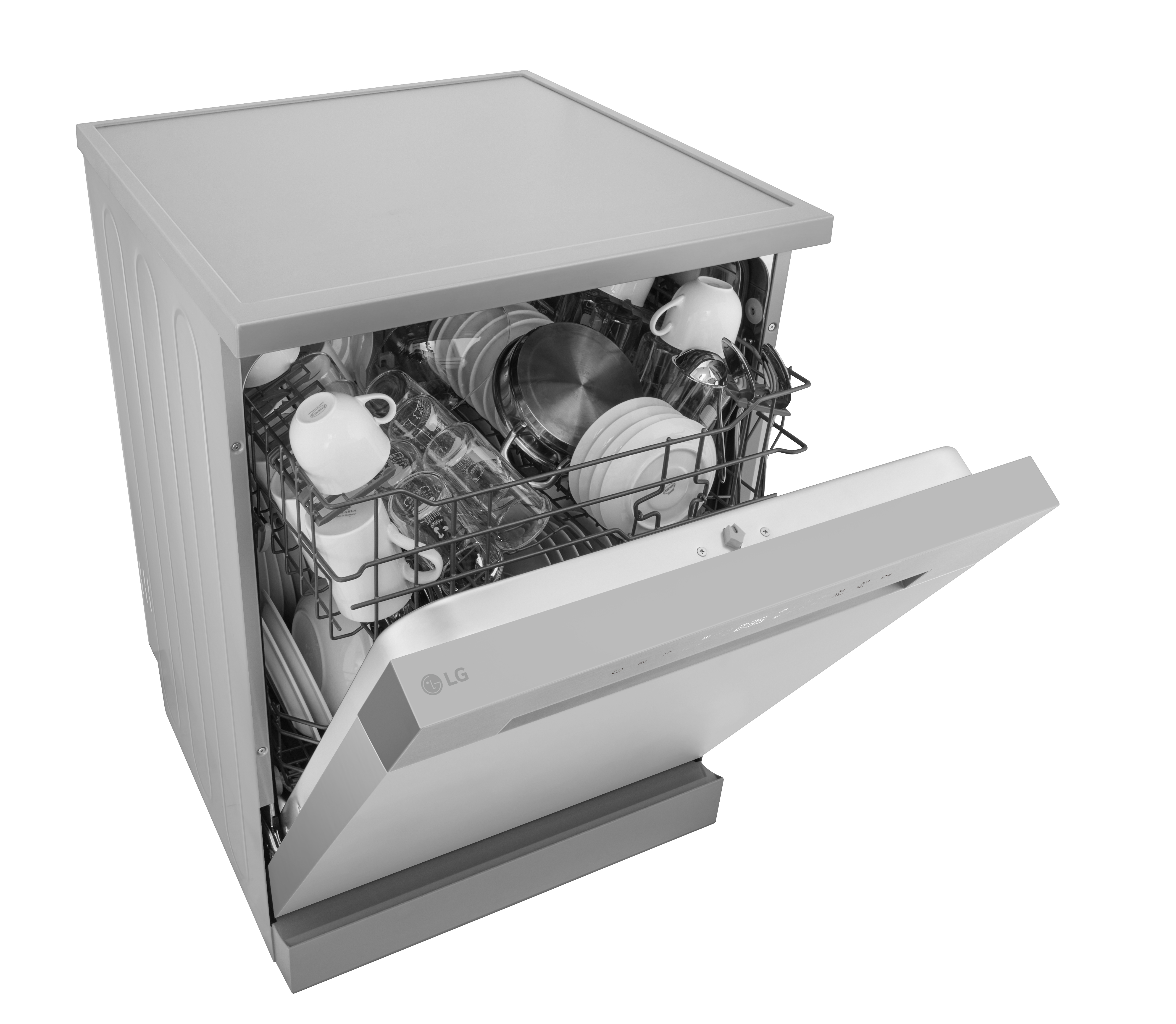 Zmywarka LG z otwartymi drzwiami, załadowana naczyniami, szklankami i sztućcami.