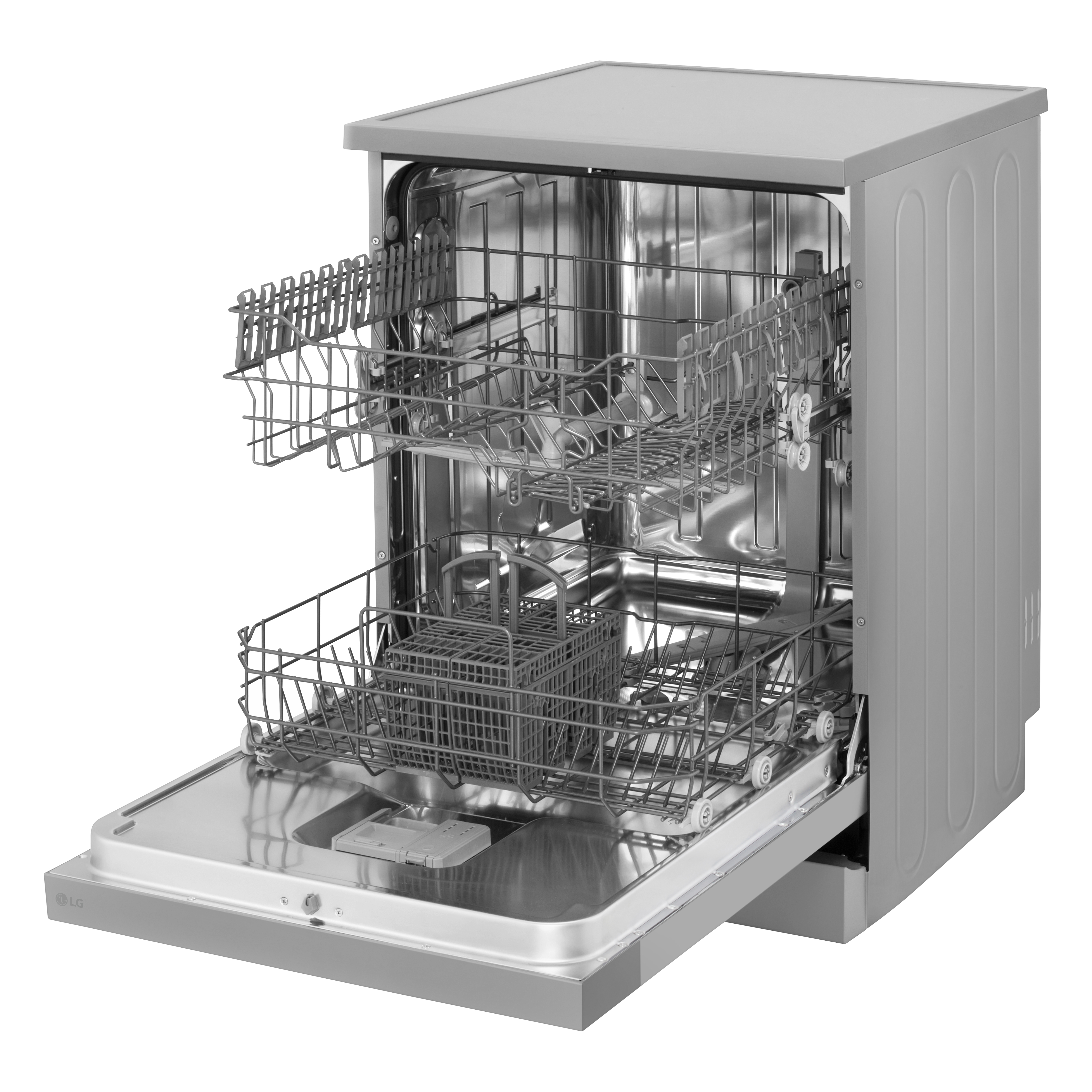 Zmywarka z otwartymi drzwiami, pokazująca dwa kosze na naczynia. Wnętrze jest ze stali nierdzewnej.