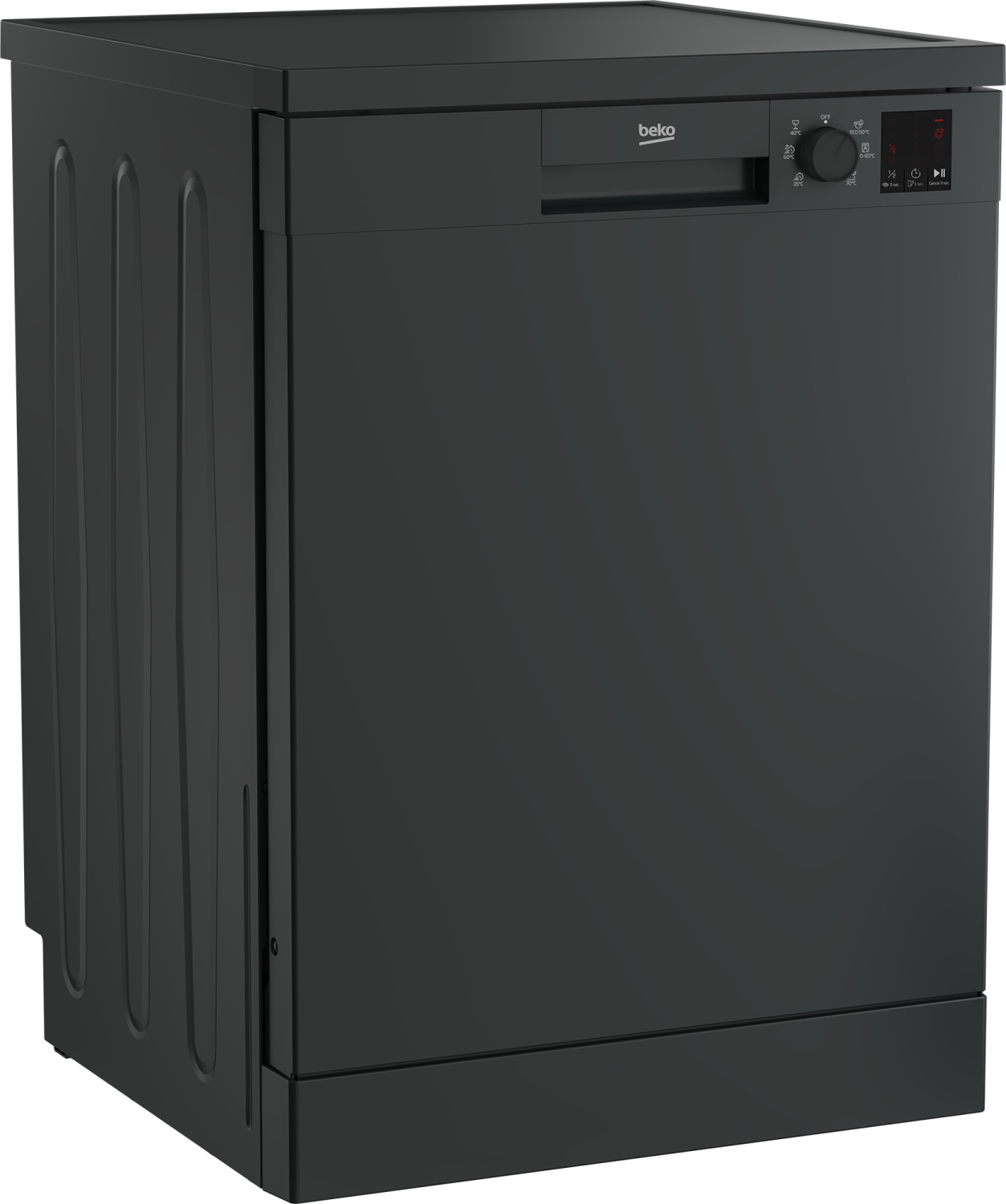 Schwarzer Geschirrspüler mit Bedienfeld oben. In schwarzen Schränken. Beko-Logo sichtbar.