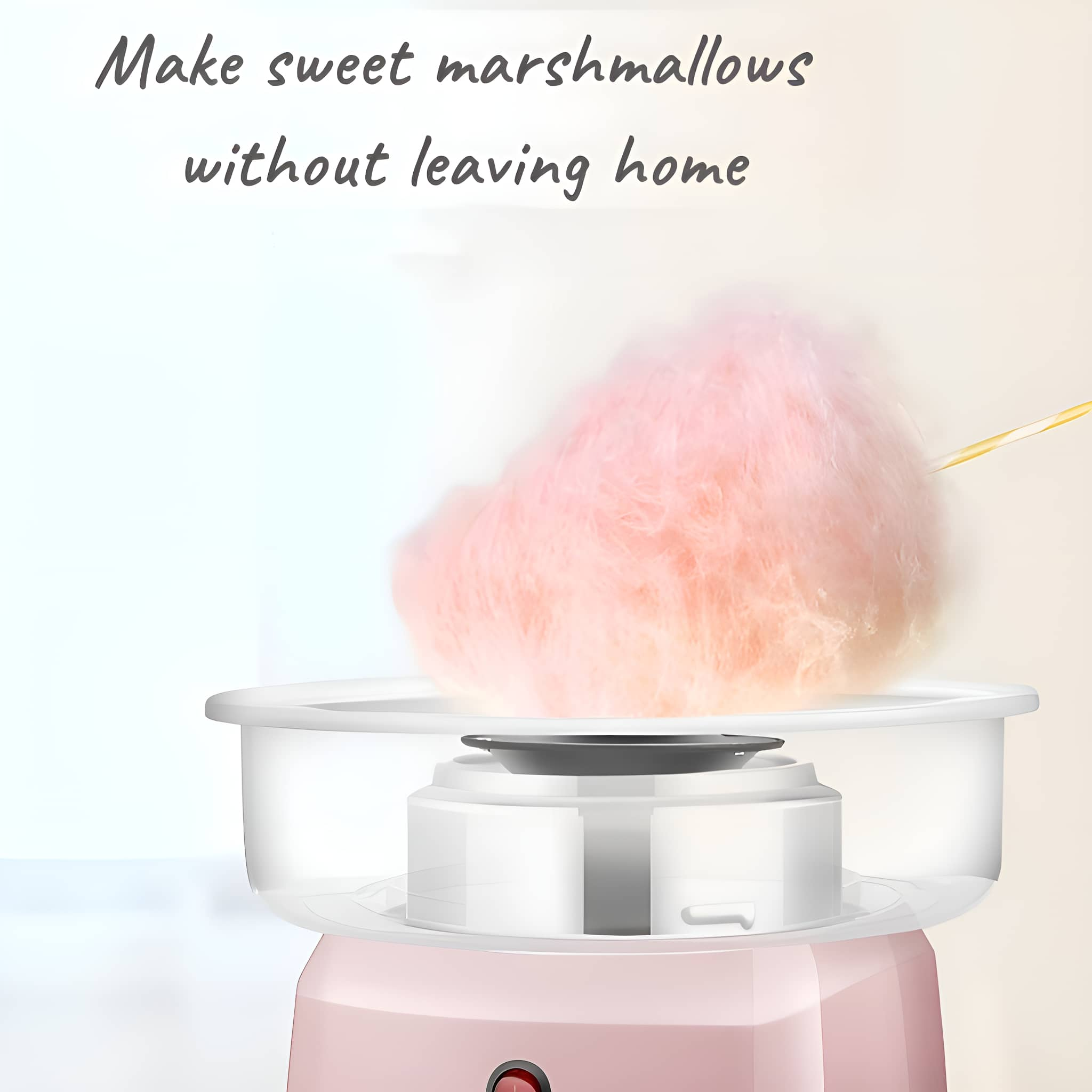 Rosa Zuckerwattemaschine mit rosa Zuckerwatte. Text: Mache süße Marshmallows.
