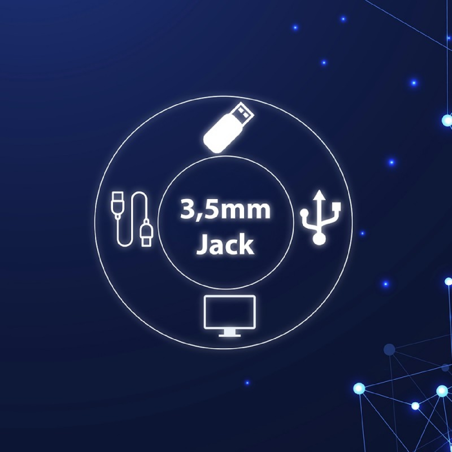 Un diagrama con USB, conector de 3,5 mm y un icono de monitor rodeado por un círculo blanco.