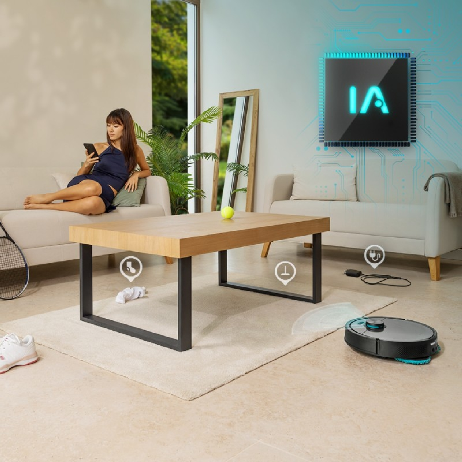 Mujer en sofá, usando el teléfono. Robot aspirador limpia. Raqueta y pelota en el suelo.