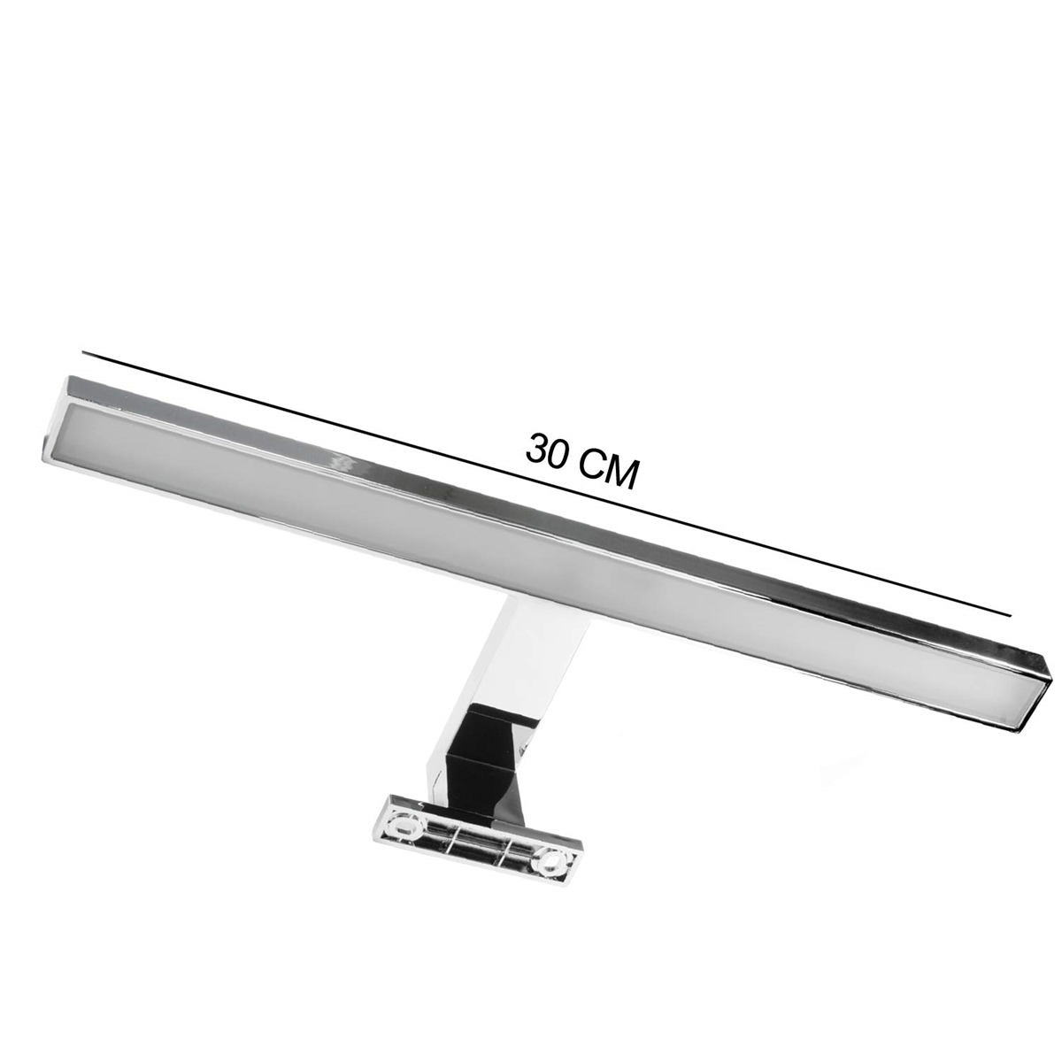 Eine verchromte Leuchte, abgewinkelt, mit einer weißen Lichtleiste und dem Text '30 CM' auf weißem Hintergrund.