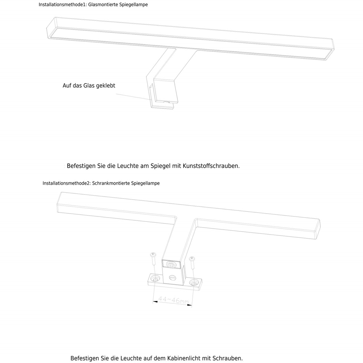 Zwei Diagramme, die zeigen, wie man eine Spiegelleuchte montiert. Die Diagramme sind technische Zeichnungen.