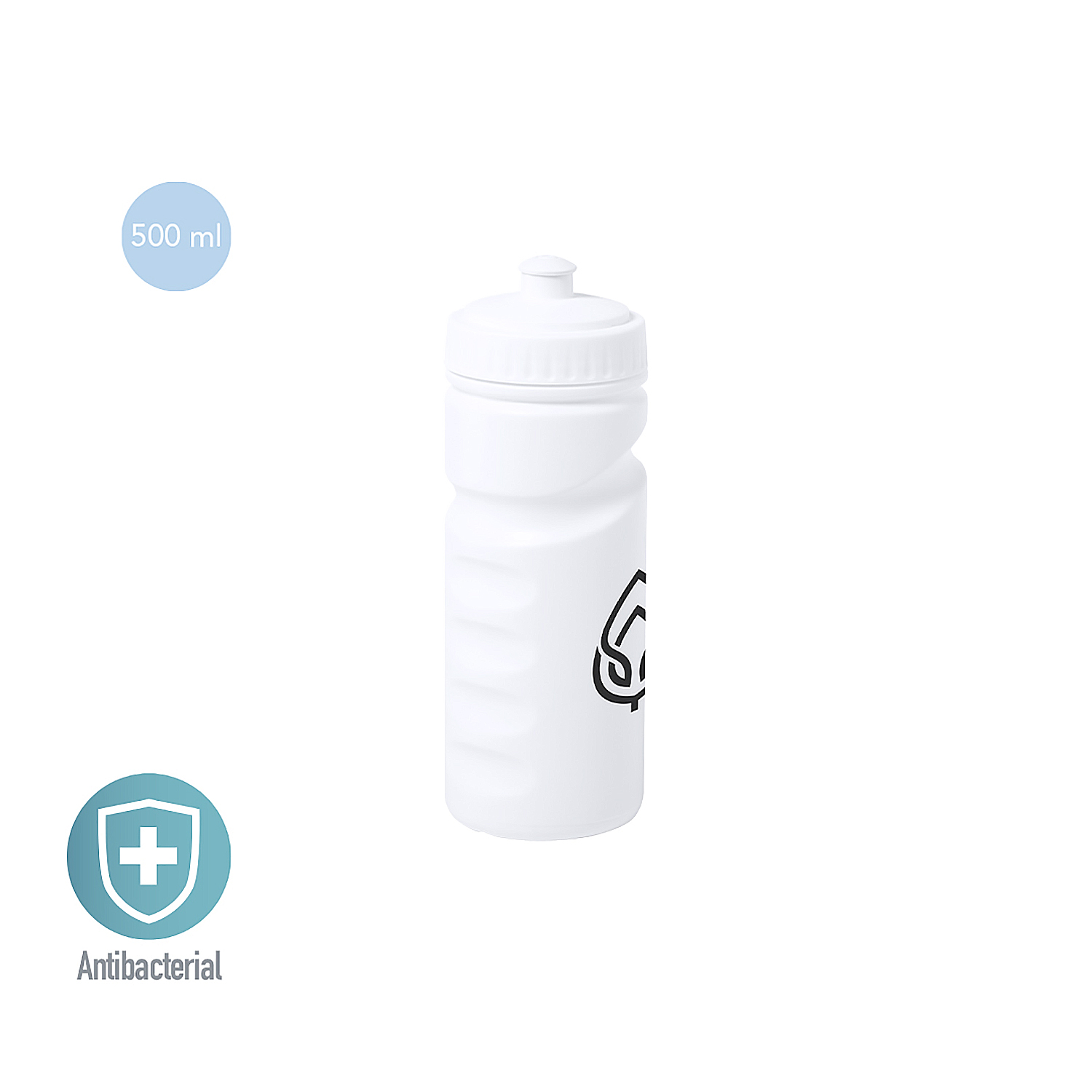 Botella de agua blanca con un logotipo negro y una tapa blanca.