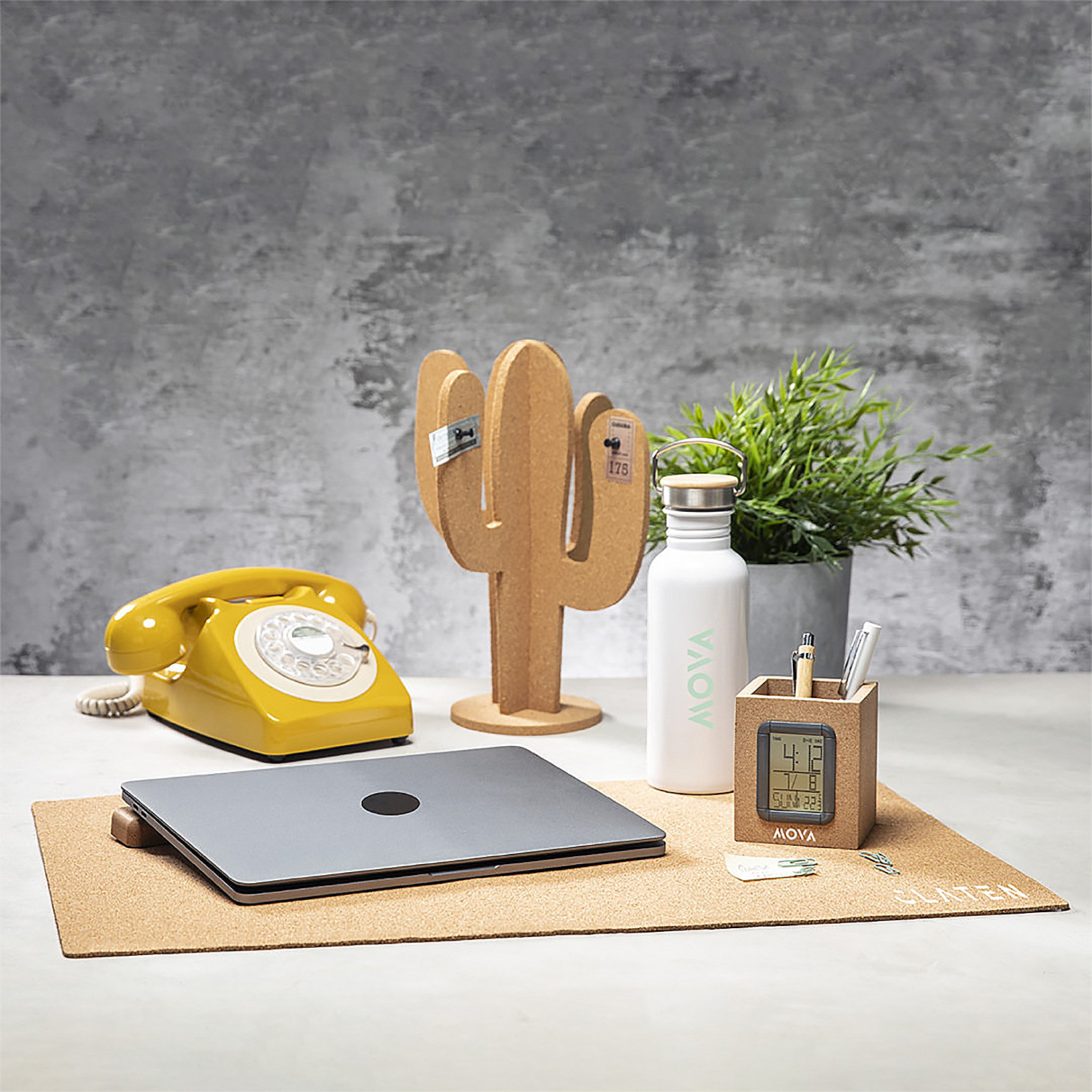 Escritorio con teléfono amarillo, portátil, cactus, botella, portalápices y planta en maceta contra pared texturizada.