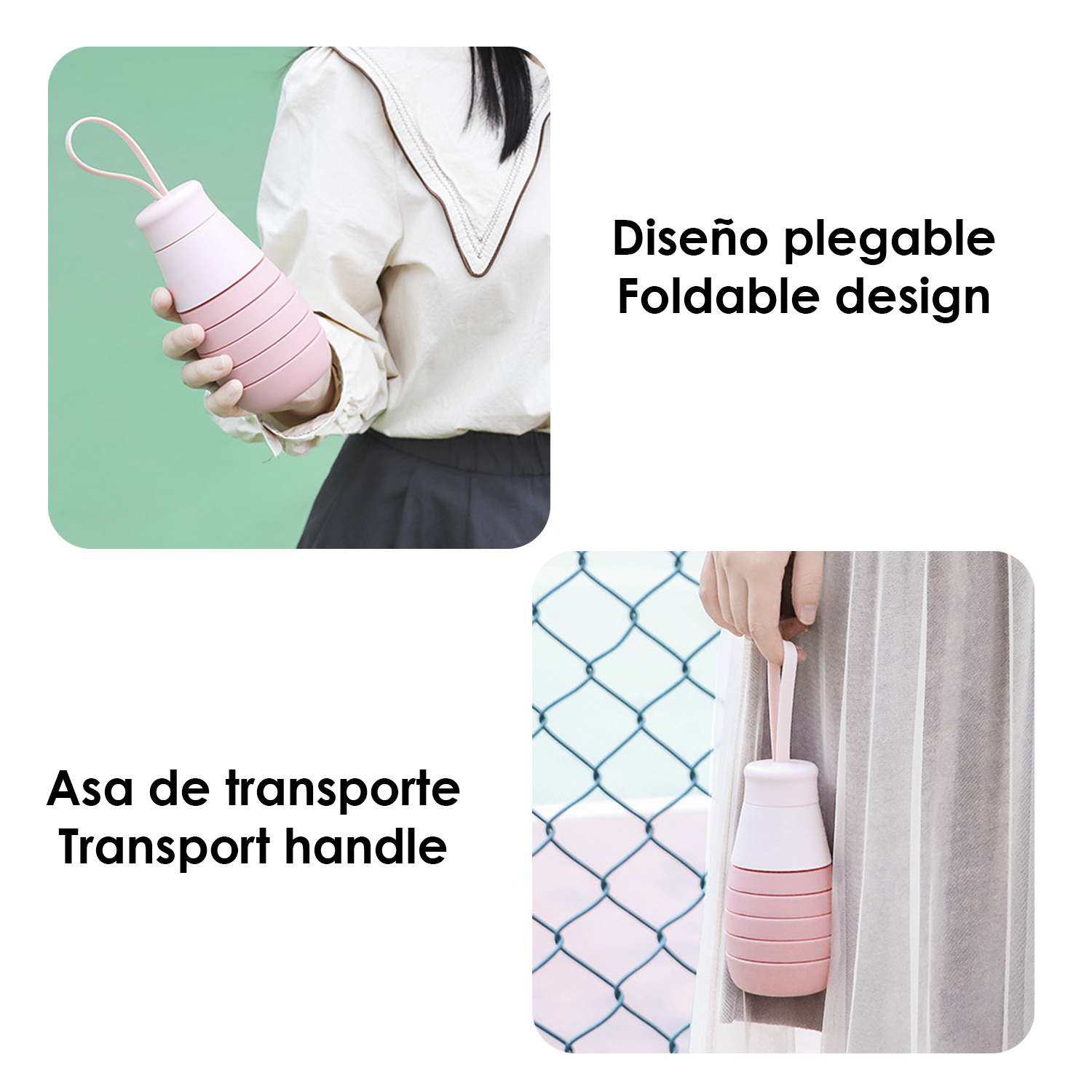 Zwei Bilder, die eine rosa, faltbare Wasserflasche zeigen, mit spanischem Text.