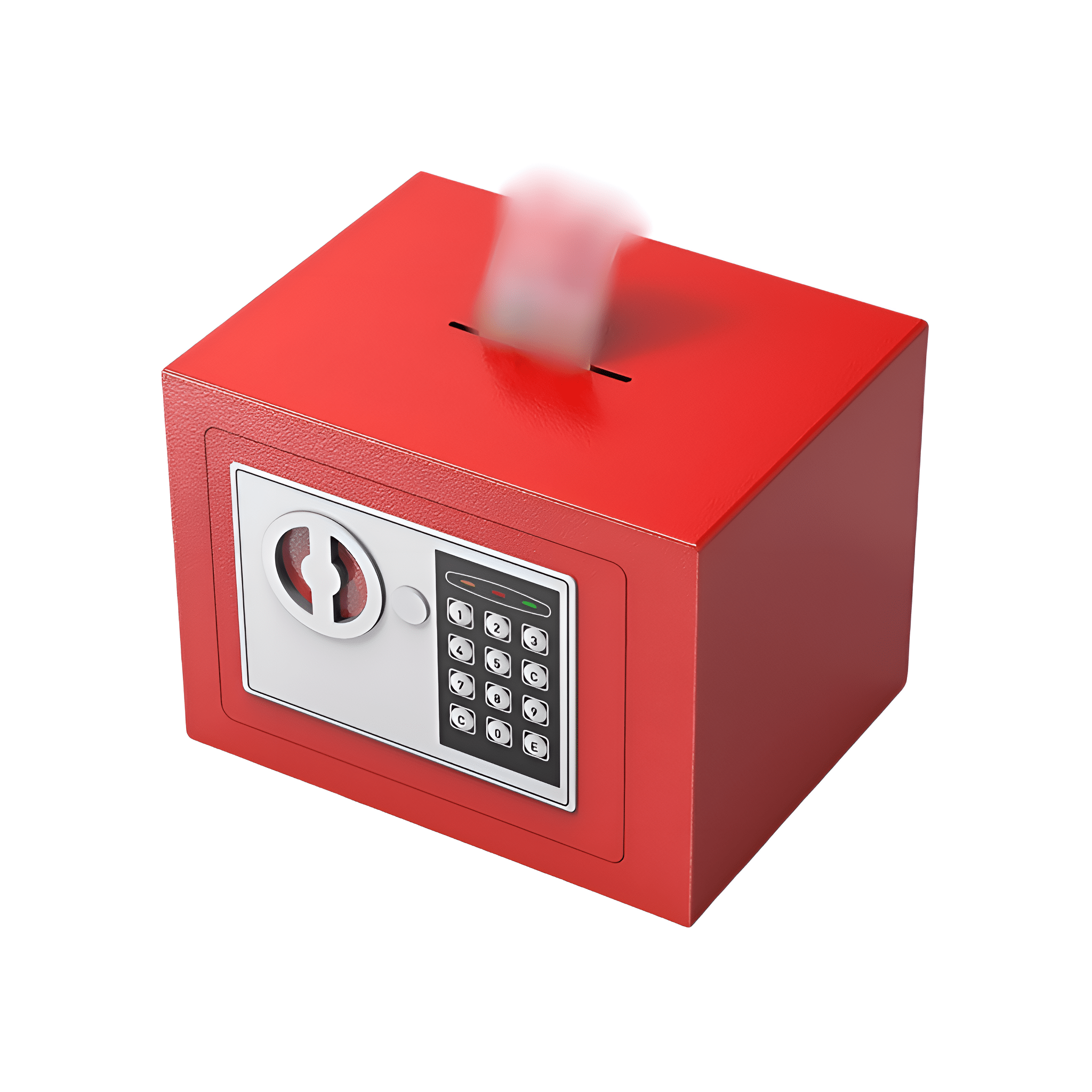 Roter Safe mit Tastatur und Schlitz zum Einwerfen von Geld.