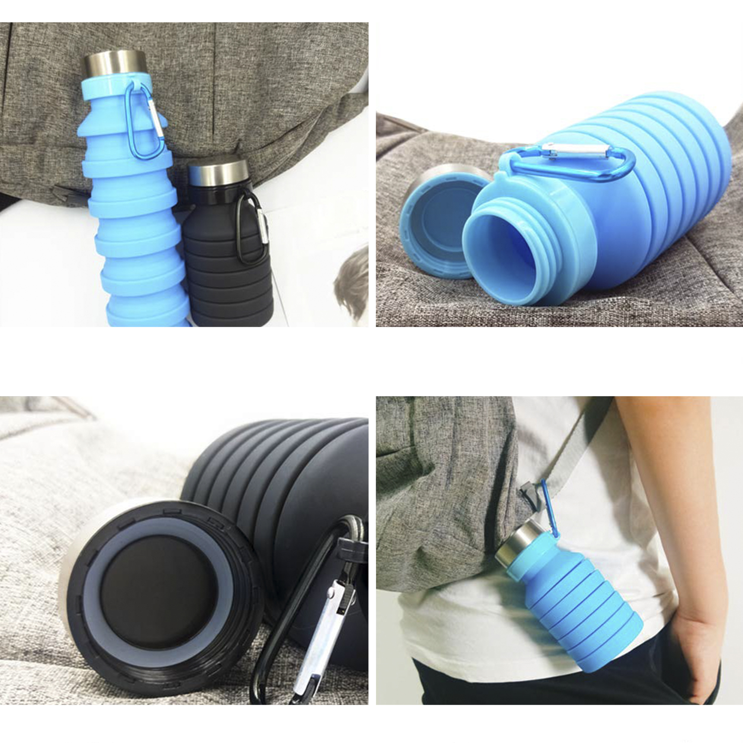 Faltbare Wasserflaschen in Blau und Schwarz. Sie sind offen, geschlossen und in Gebrauch gezeigt.