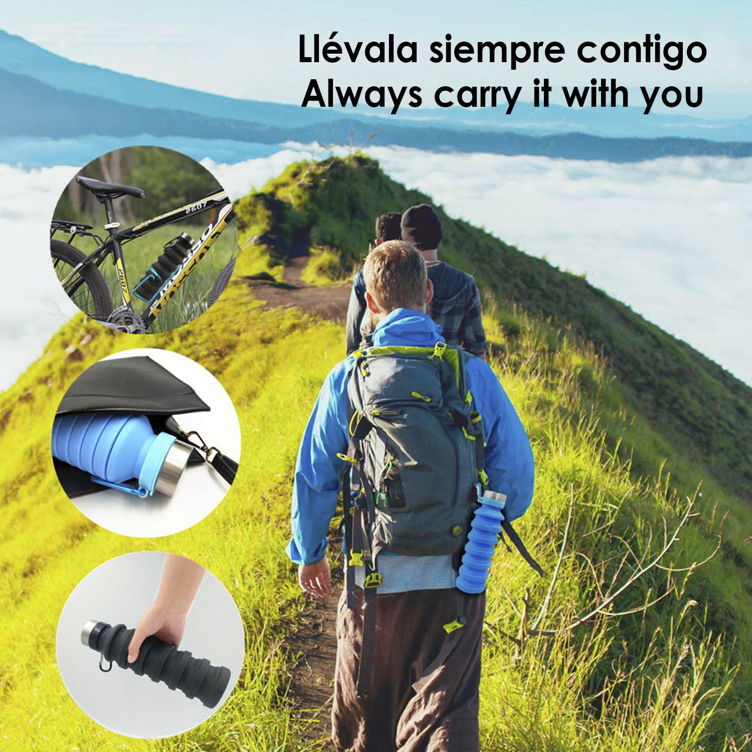 Wanderer, mit Person mit blauer, zusammenklappbarer Wasserflasche im Rucksack.